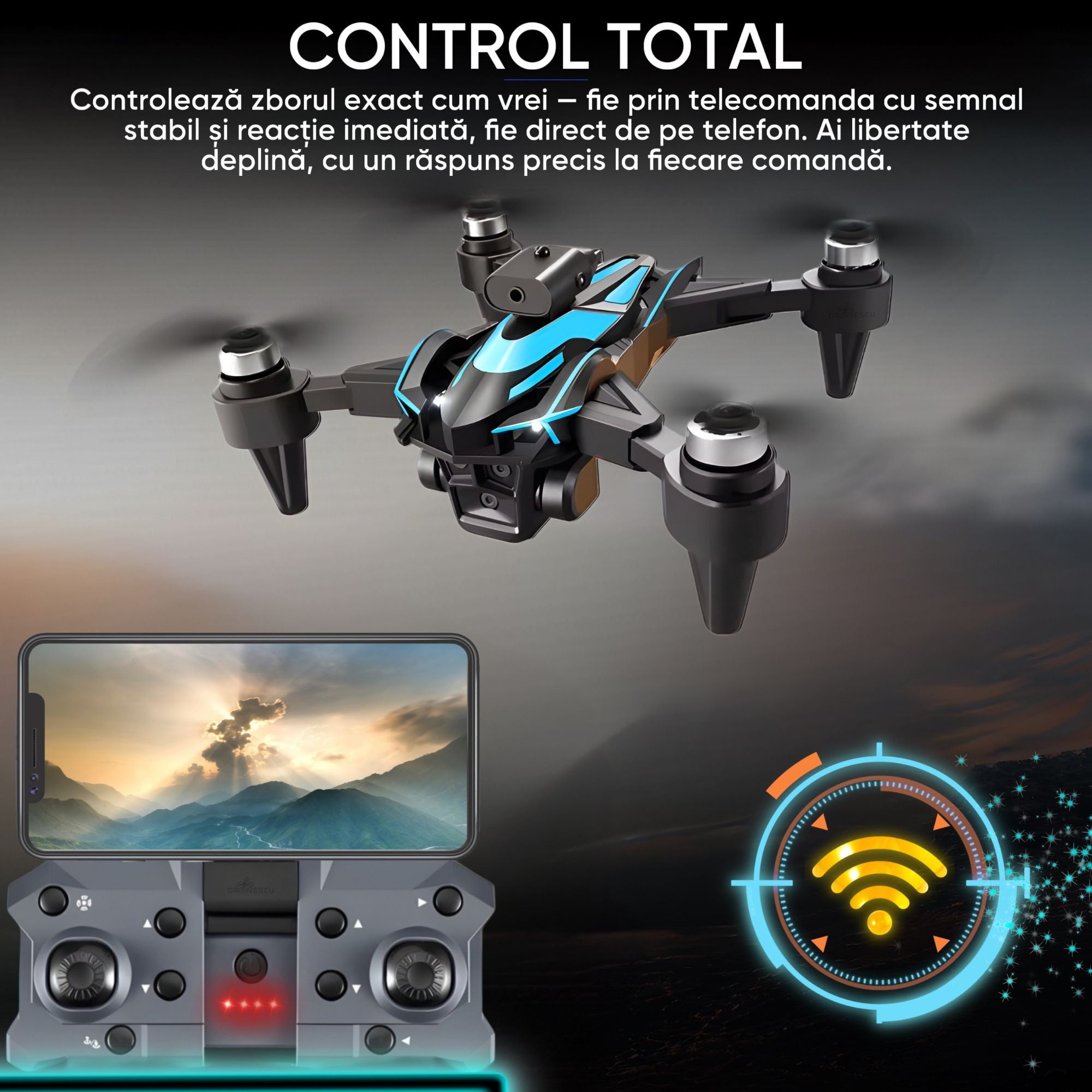 Drona inteligenta, Dronescu IFAero Pro, Cu 3 camere, Evitare obstacole 360°
