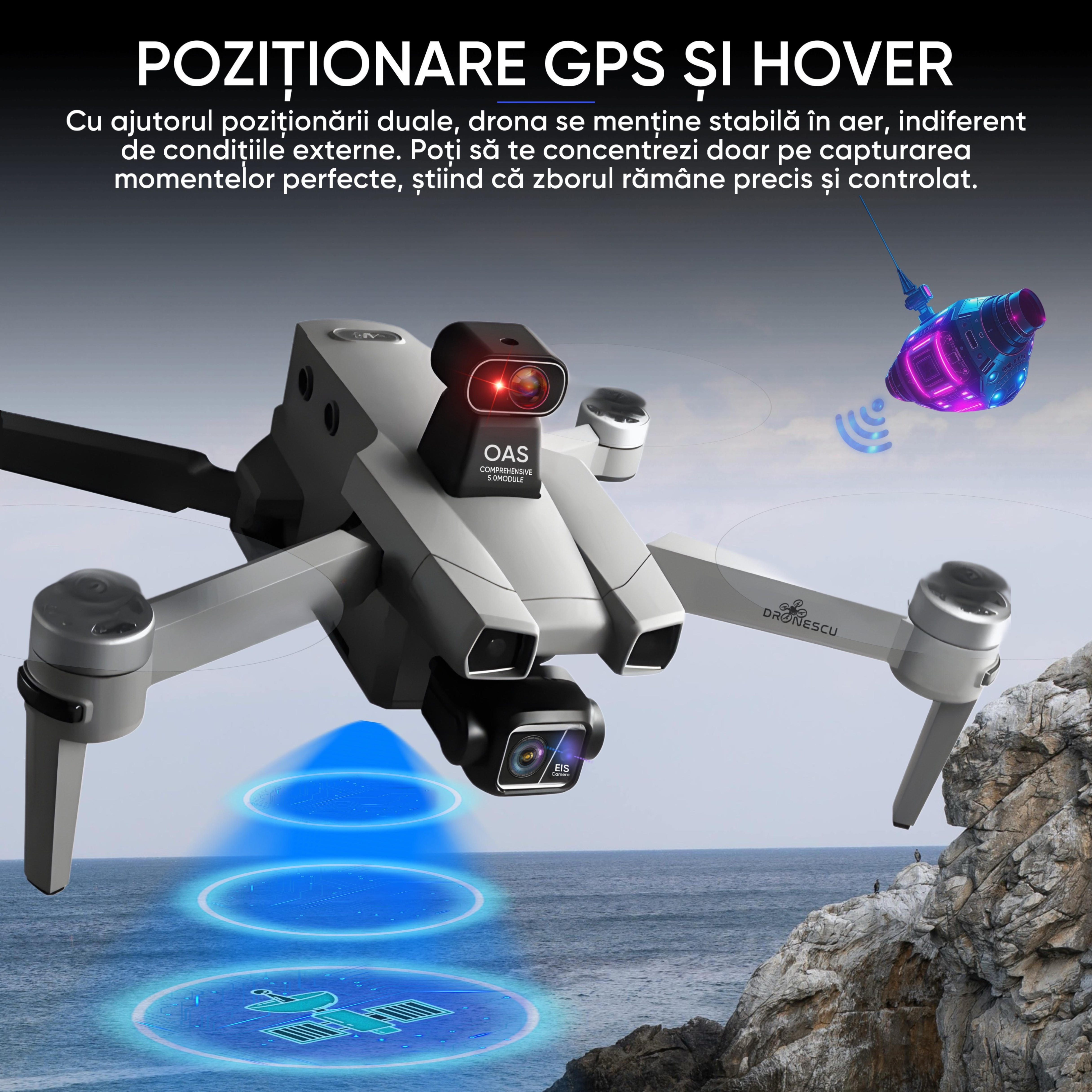 Drona profesionala pentru avansati sau profesionisti, Dronescu, Model TANK FOR FLY, Tip QuadCopter, cu carlig de prindere si posibilitate de transport pana 800g, pentru pescari sau evenimente in aer liber, 8KM distanta de operare