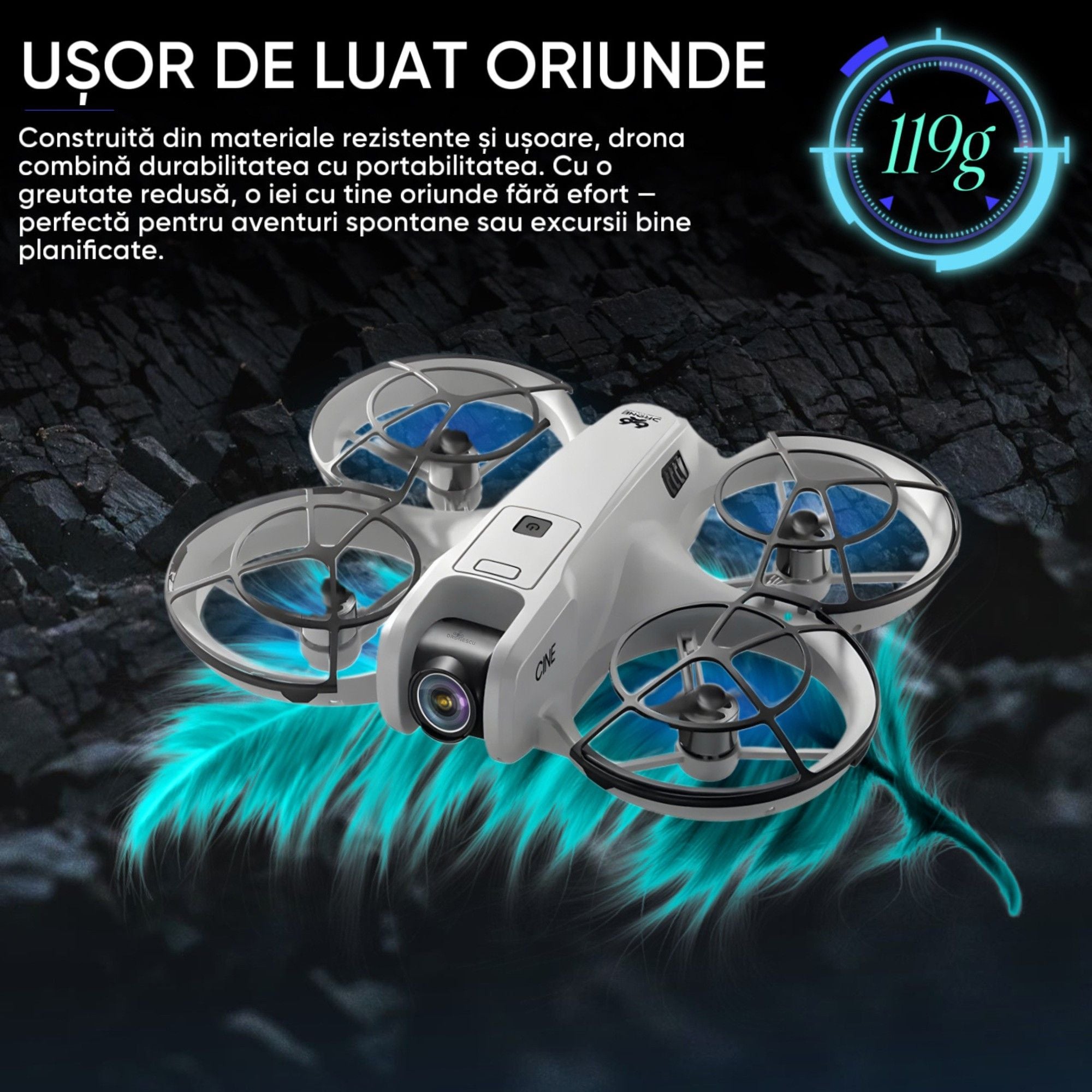 Dronescu Droneo Alpha – Drona usoara cu camera HD wide 180°, ecran HDR, control telefon sau telecomanda, Headless Mode, rotire 360, functie gesturi, 15 min zbor