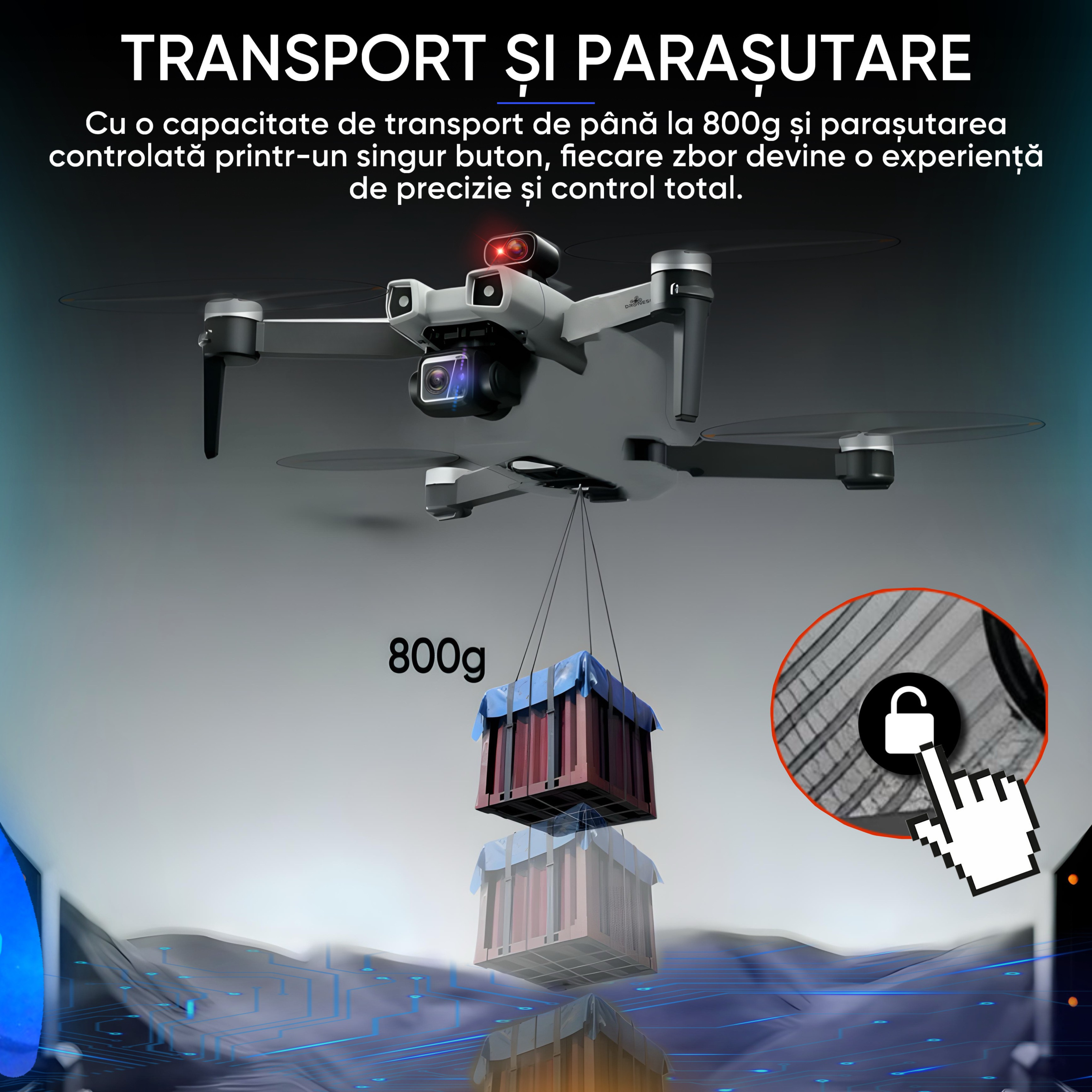 Drona profesionala pentru avansati sau profesionisti, Dronescu, Model TANK FOR FLY, Tip QuadCopter, cu carlig de prindere si posibilitate de transport pana 800g, pentru pescari sau evenimente in aer liber, 8KM distanta de operare