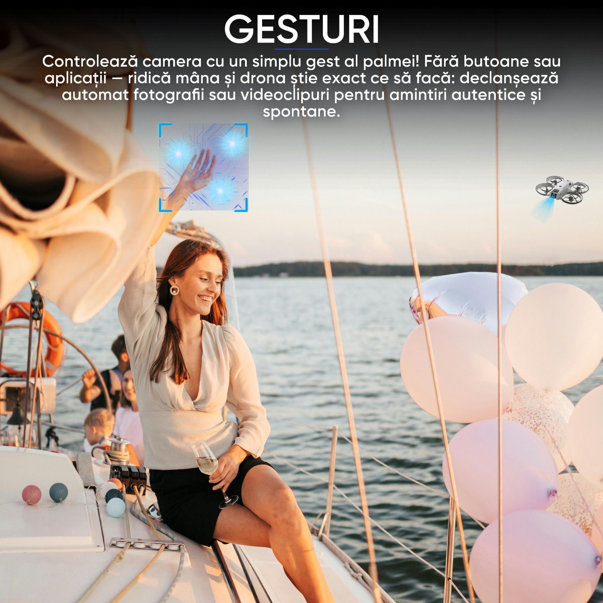 Dronescu Droneo Alpha – Drona usoara cu camera HD wide 180°, ecran HDR, control telefon sau telecomanda, Headless Mode, rotire 360, functie gesturi, 15 min zbor