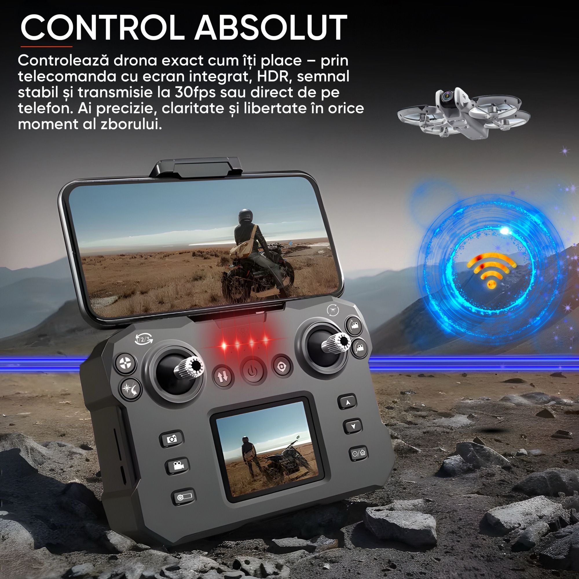 Dronescu Droneo Alpha – Drona usoara cu camera HD wide 180°, ecran HDR, control telefon sau telecomanda, Headless Mode, rotire 360, functie gesturi, 15 min zbor