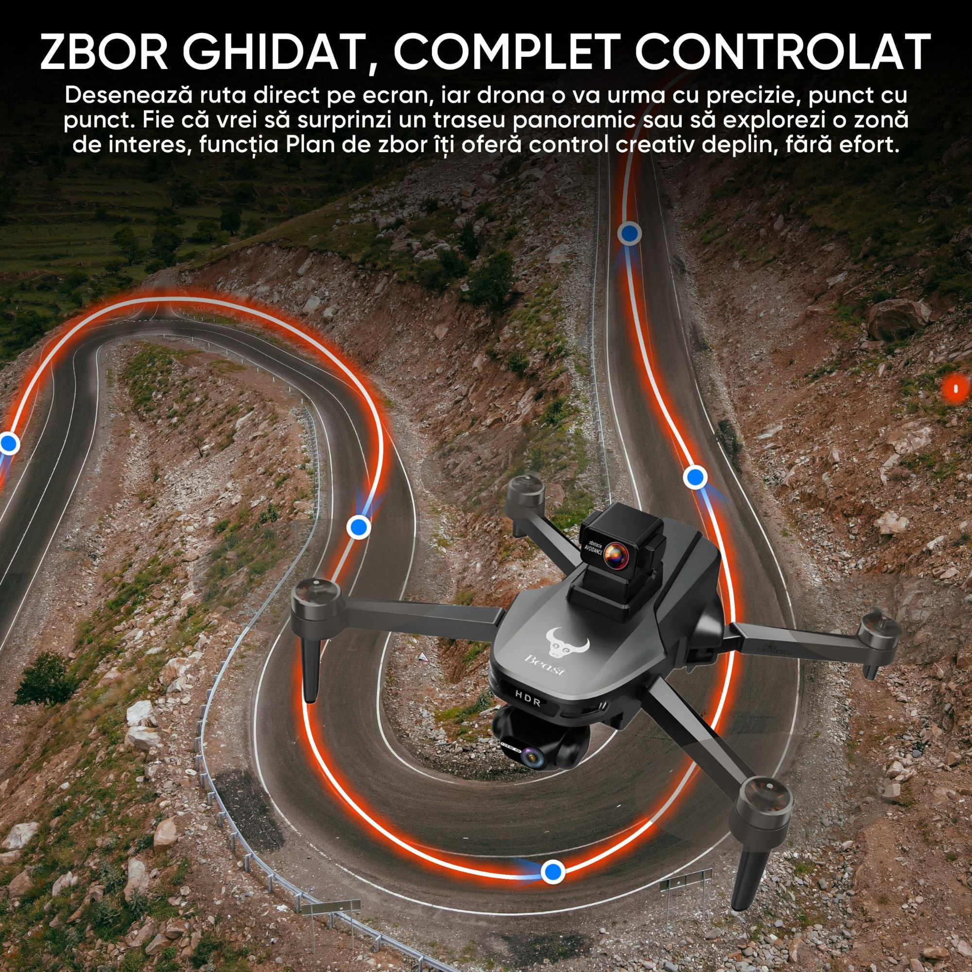 Dronescu Hdark Ripple – Drona cu gimbal 3 axe, camera 4K, ecran 6.5 inch, GPS dual, senzori 360, retur automat, 25min zbor, mod Headless, Find my drone