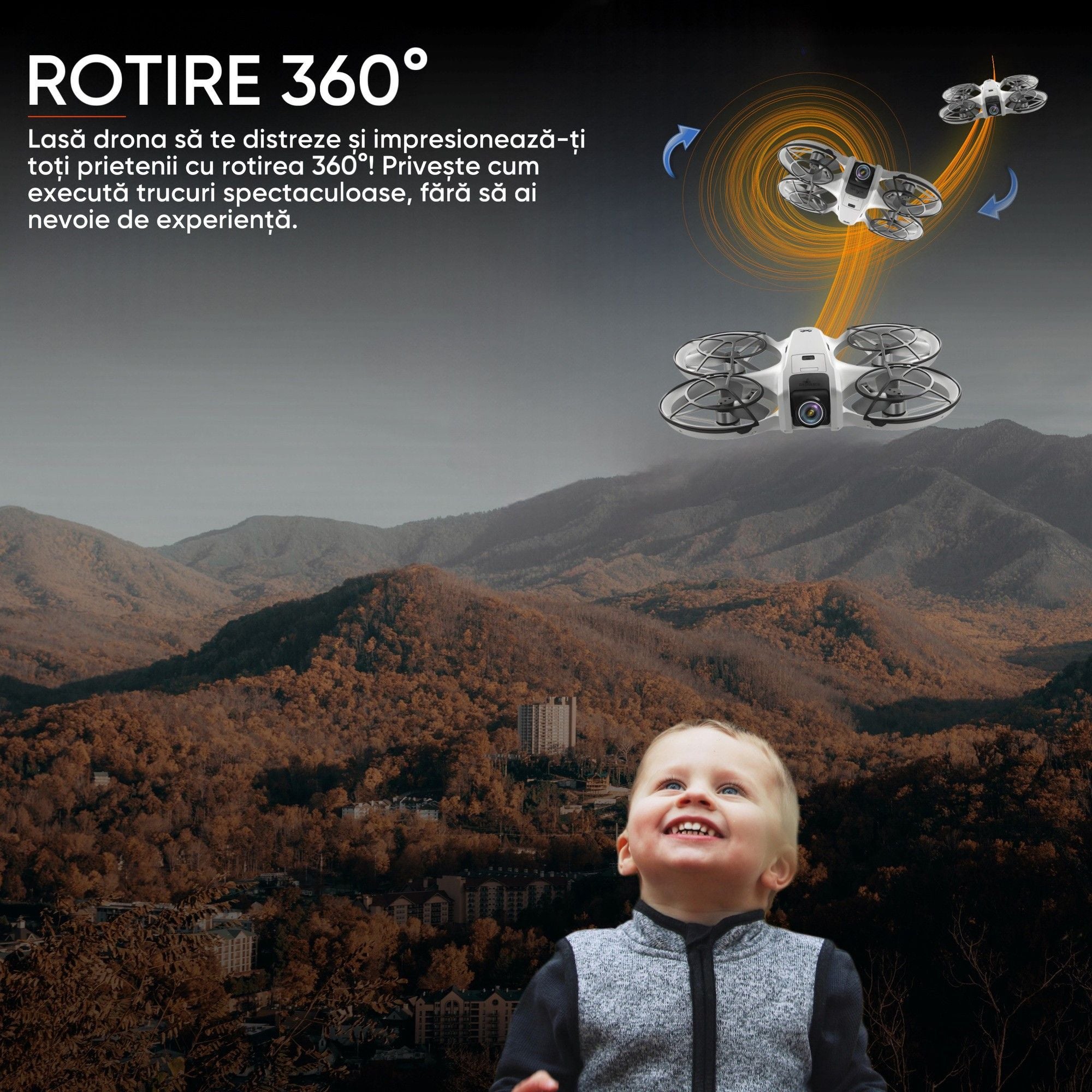 Dronescu Droneo Alpha – Drona usoara cu camera HD wide 180°, ecran HDR, control telefon sau telecomanda, Headless Mode, rotire 360, functie gesturi, 15 min zbor