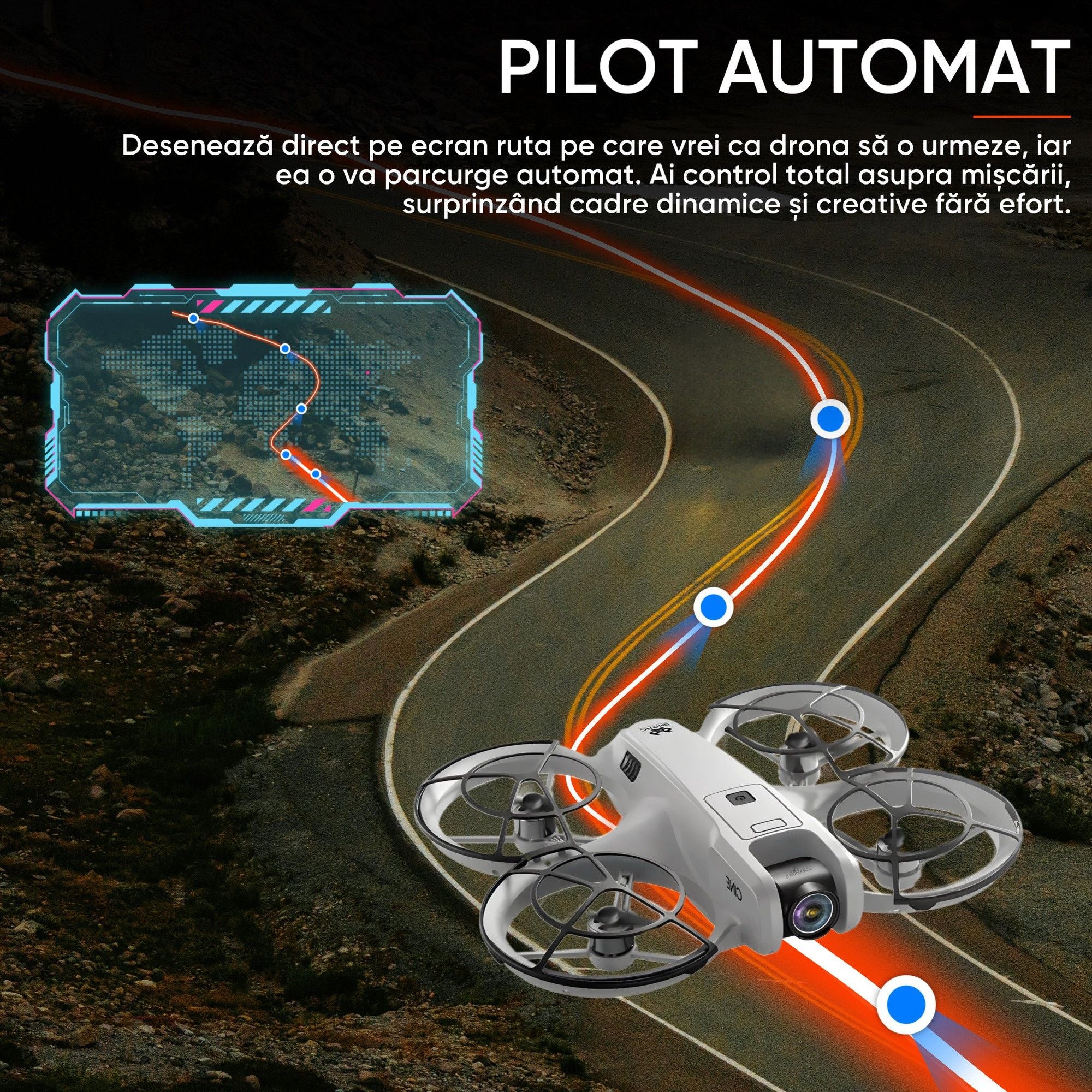 Dronescu Droneo Alpha – Drona usoara cu camera HD wide 180°, ecran HDR, control telefon sau telecomanda, Headless Mode, rotire 360, functie gesturi, 15 min zbor