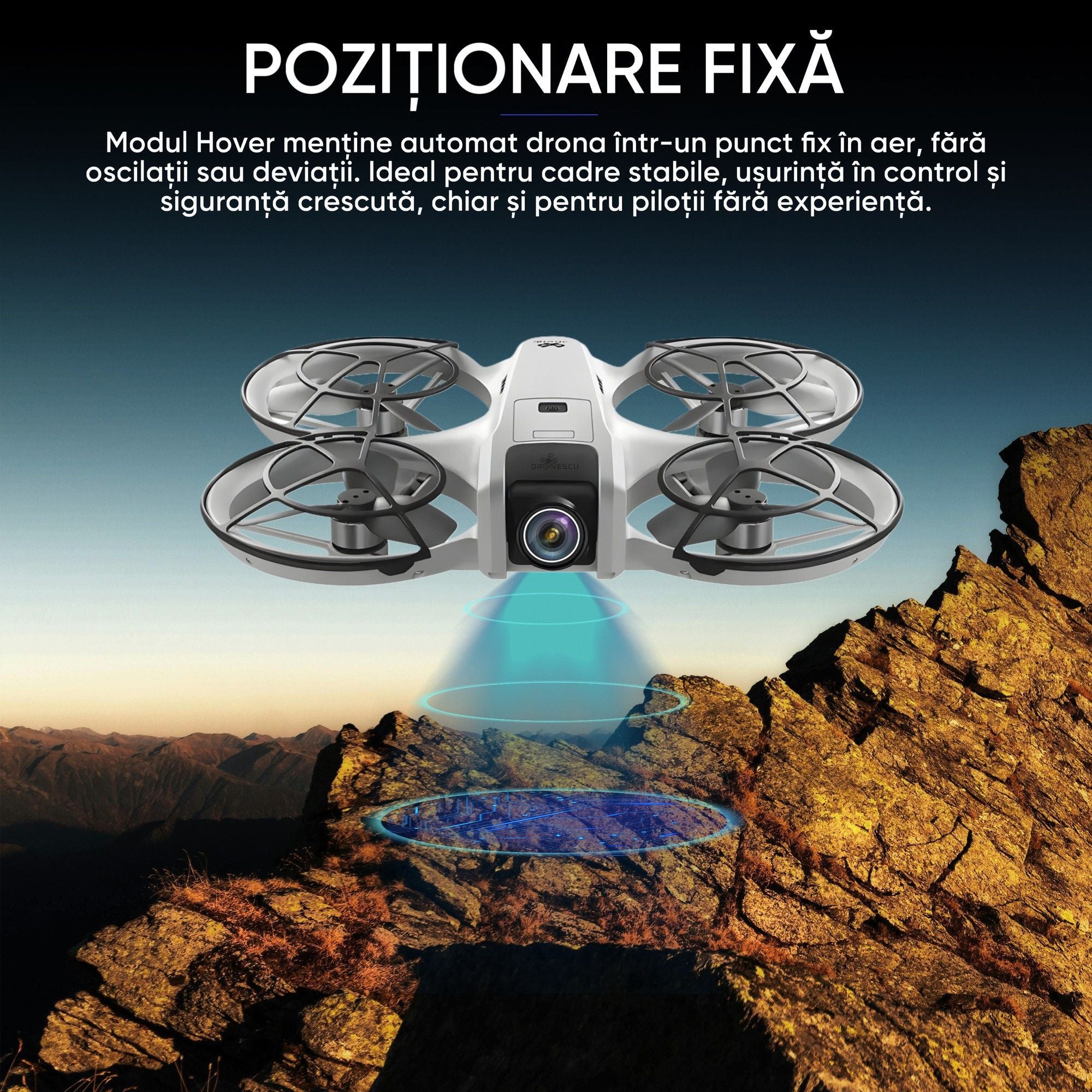 Dronescu Droneo Alpha – Drona usoara cu camera HD wide 180°, ecran HDR, control telefon sau telecomanda, Headless Mode, rotire 360, functie gesturi, 15 min zbor