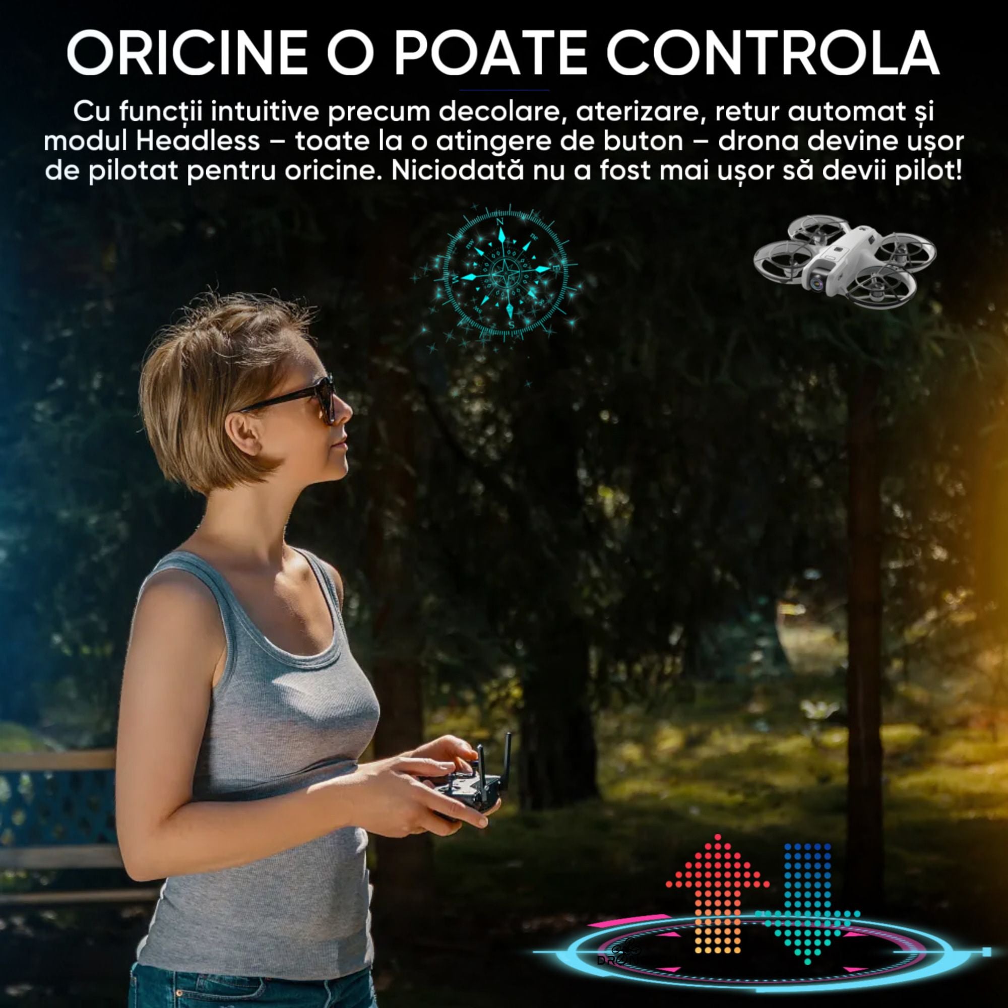 Dronescu Droneo Alpha – Drona usoara cu camera HD wide 180°, ecran HDR, control telefon sau telecomanda, Headless Mode, rotire 360, functie gesturi, 15 min zbor