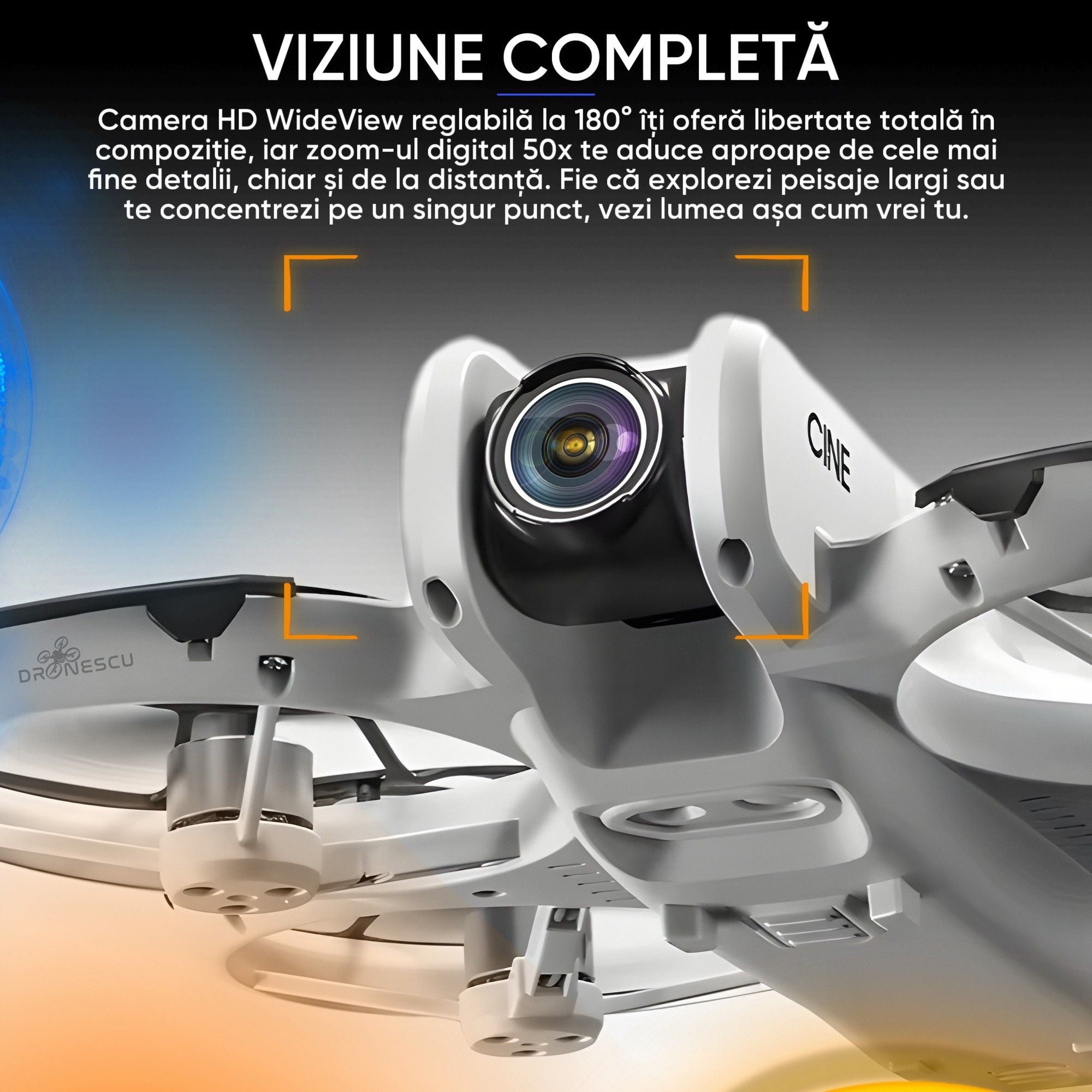 Dronescu Droneo Alpha – Drona usoara cu camera HD wide 180°, ecran HDR, control telefon sau telecomanda, Headless Mode, rotire 360, functie gesturi, 15 min zbor