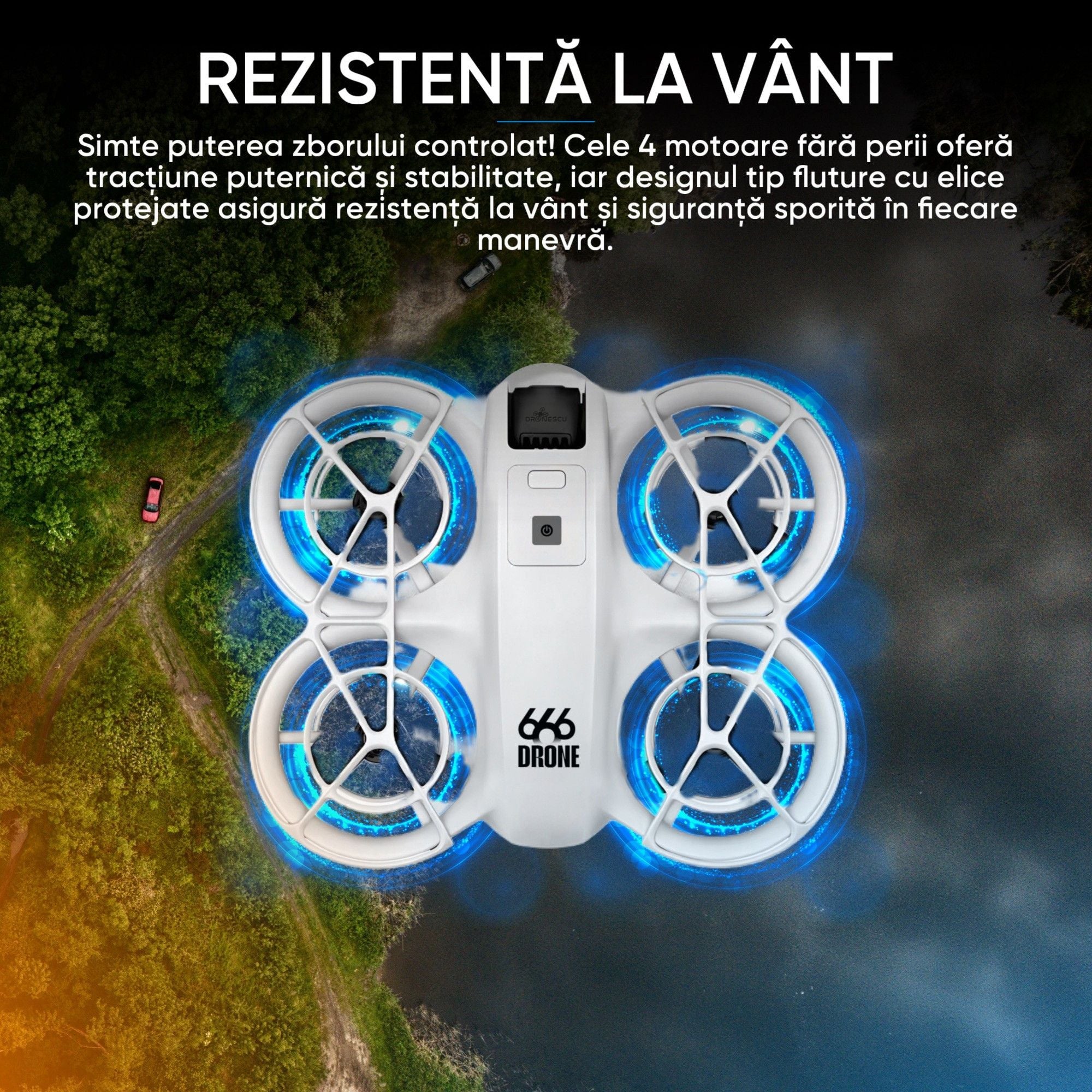 Dronescu Droneo Alpha – Drona usoara cu camera HD wide 180°, ecran HDR, control telefon sau telecomanda, Headless Mode, rotire 360, functie gesturi, 15 min zbor