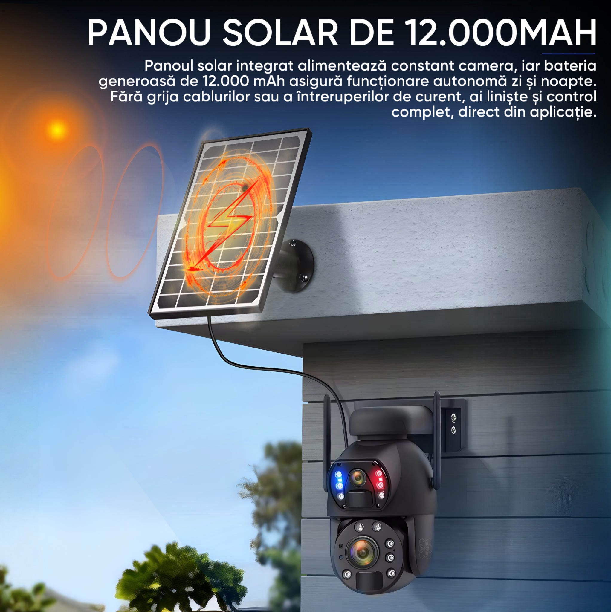 Camera Supraveghere Solara 4G Duala 3MP + 3MP cu Zoom 50x, Detectie Umana AI, Vedere Nocturna 150m, Panou Solar 12000mAh, IP66, Audio Bidirectional, Fara WiFi