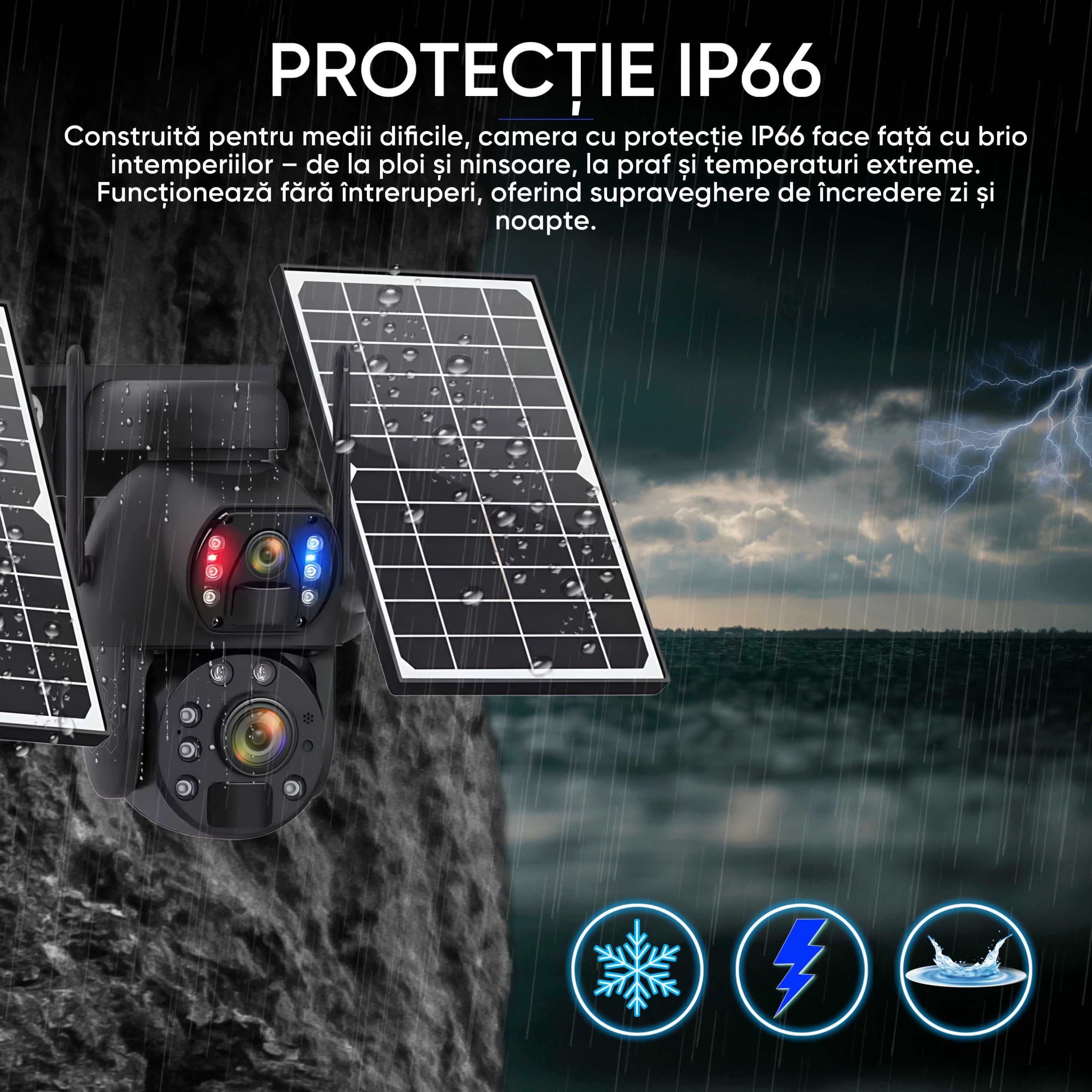 Camera Supraveghere Solara 4G Duala 6MP cu Zoom 50x, Detectie Umana AI, Vedere Nocturna 150m, Panou Solar 20000mAh, IP66, Audio Bidirectional, Fara WiFi