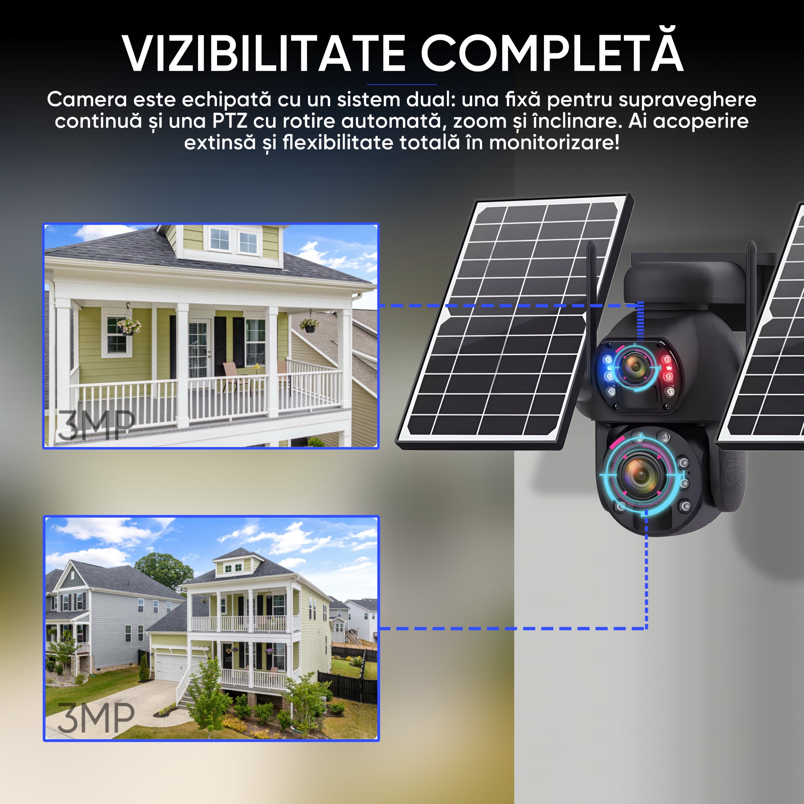 Camera Supraveghere Solara 4G Duala 6MP cu Zoom 50x, Detectie Umana AI, Vedere Nocturna 150m, Panou Solar 20000mAh, IP66, Audio Bidirectional, Fara WiFi