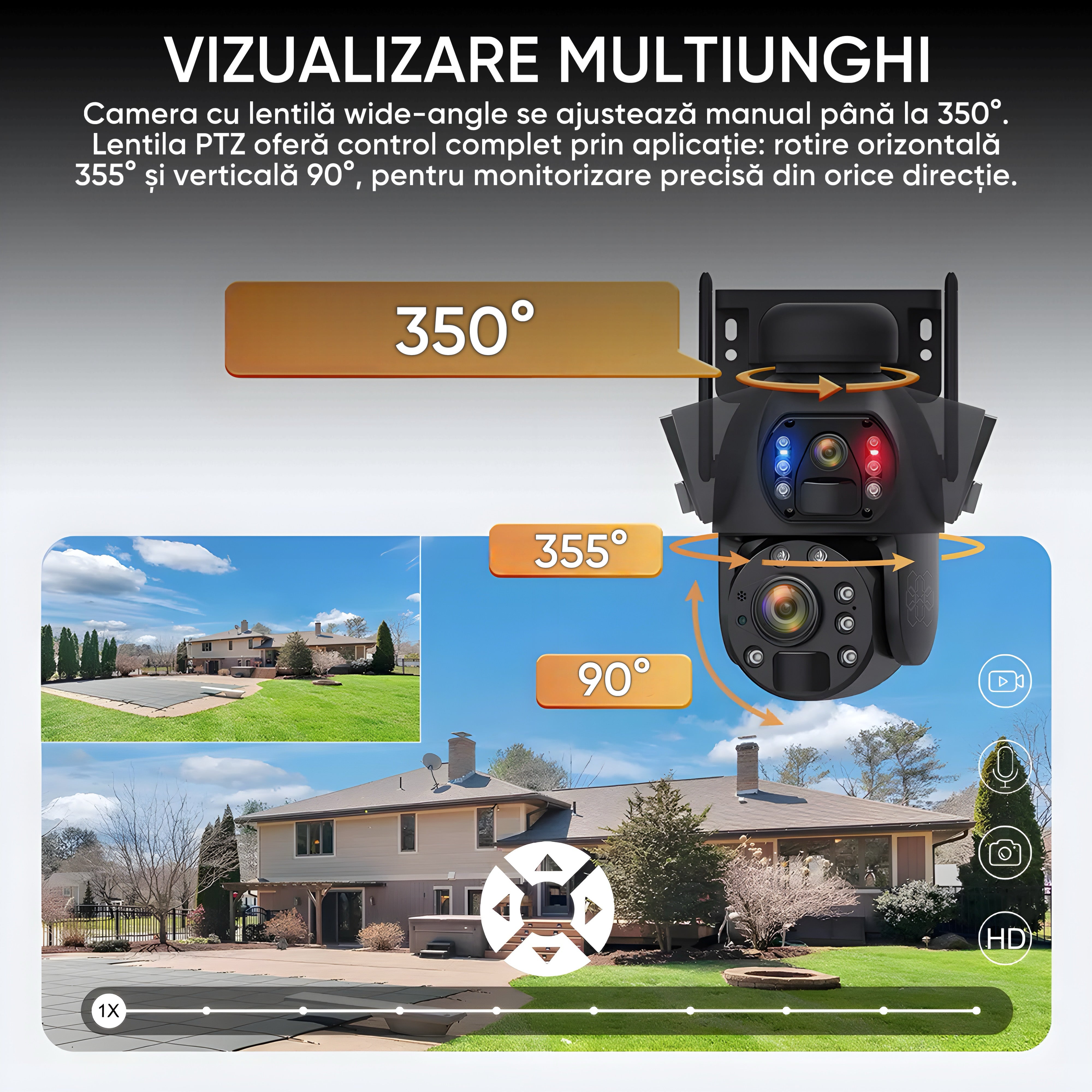 Camera Supraveghere Solara 4G Duala 6MP cu Zoom 50x, Detectie Umana AI, Vedere Nocturna 150m, Panou Solar 20000mAh, IP66, Audio Bidirectional, Fara WiFi