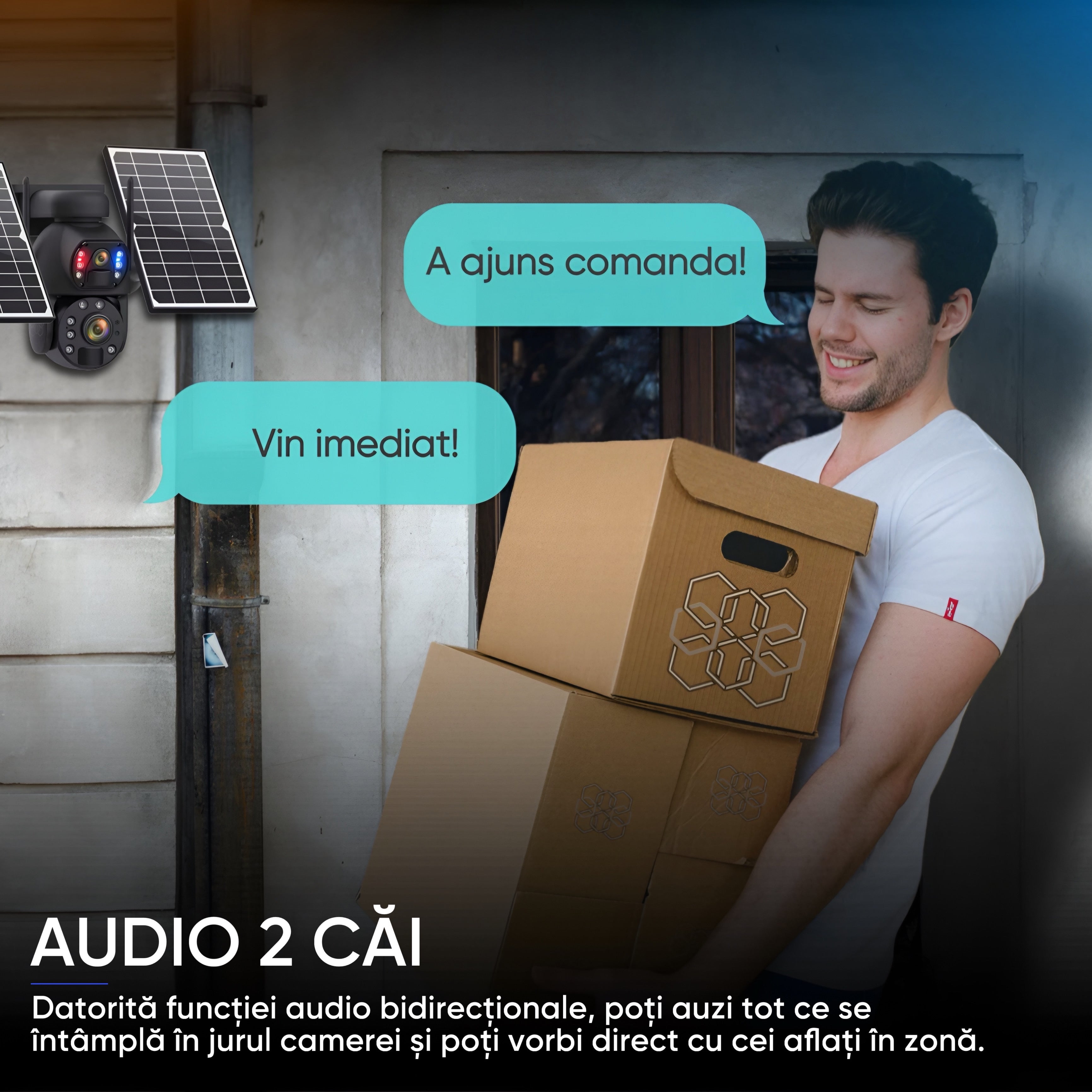 Camera Supraveghere Solara 4G Duala 6MP cu Zoom 50x, Detectie Umana AI, Vedere Nocturna 150m, Panou Solar 20000mAh, IP66, Audio Bidirectional, Fara WiFi