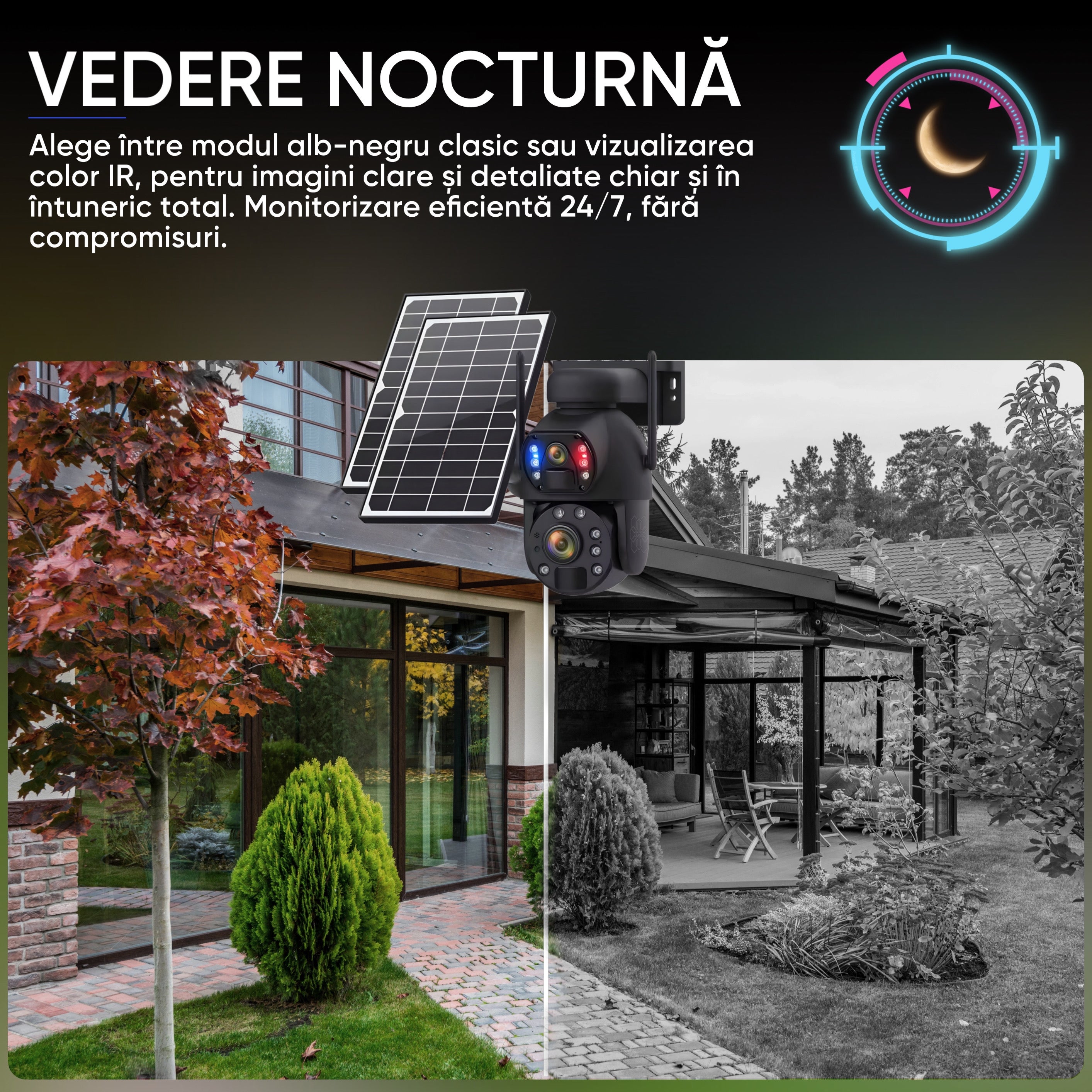 Camera Supraveghere Solara 4G Duala 6MP cu Zoom 50x, Detectie Umana AI, Vedere Nocturna 150m, Panou Solar 20000mAh, IP66, Audio Bidirectional, Fara WiFi