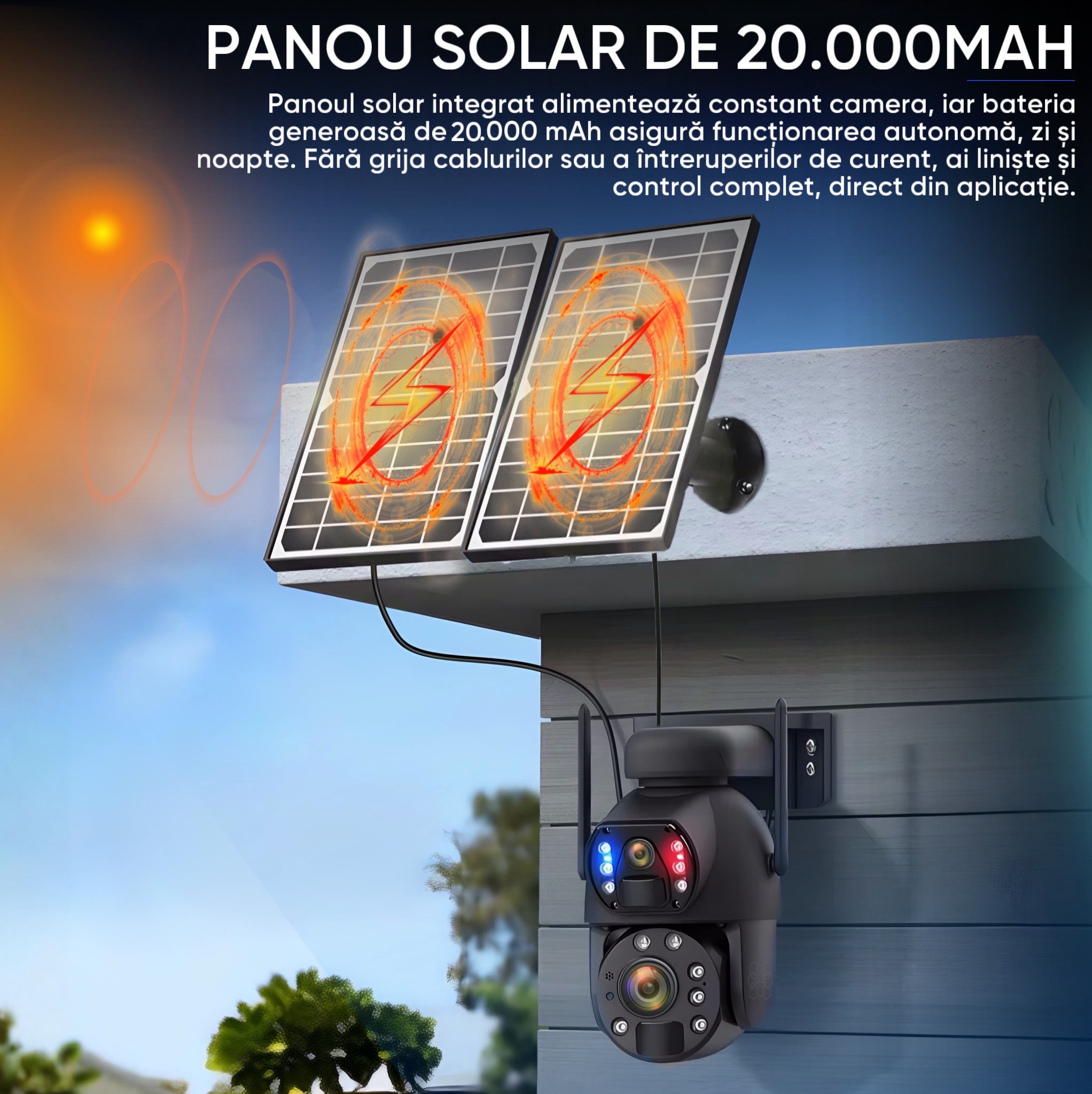 Camera Supraveghere Solara 4G Duala 6MP cu Zoom 50x, Detectie Umana AI, Vedere Nocturna 150m, Panou Solar 20000mAh, IP66, Audio Bidirectional, Fara WiFi