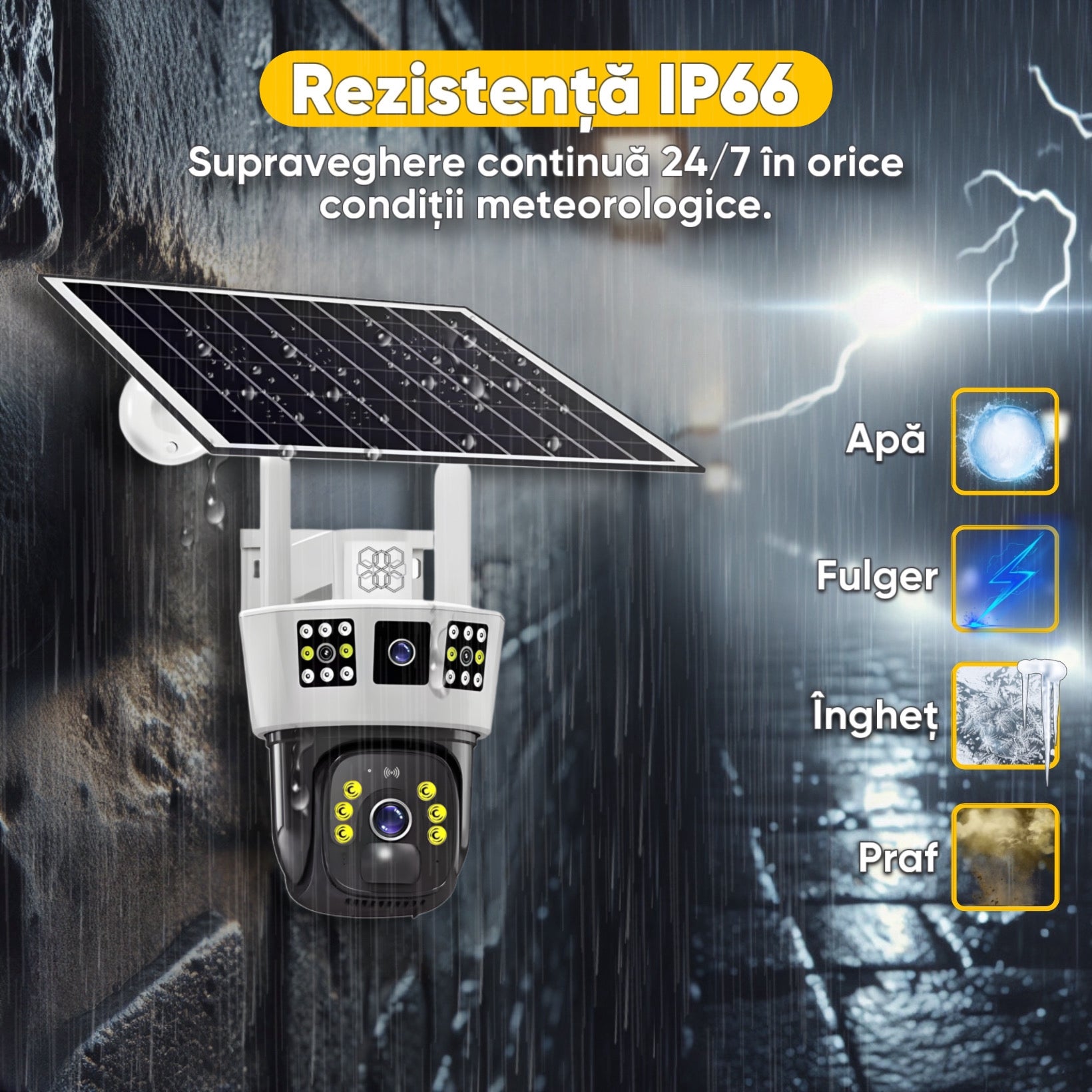 Camera de supraveghere Video CCTV cu vedere tripla, Panou solar 8000mAh, HexaEye