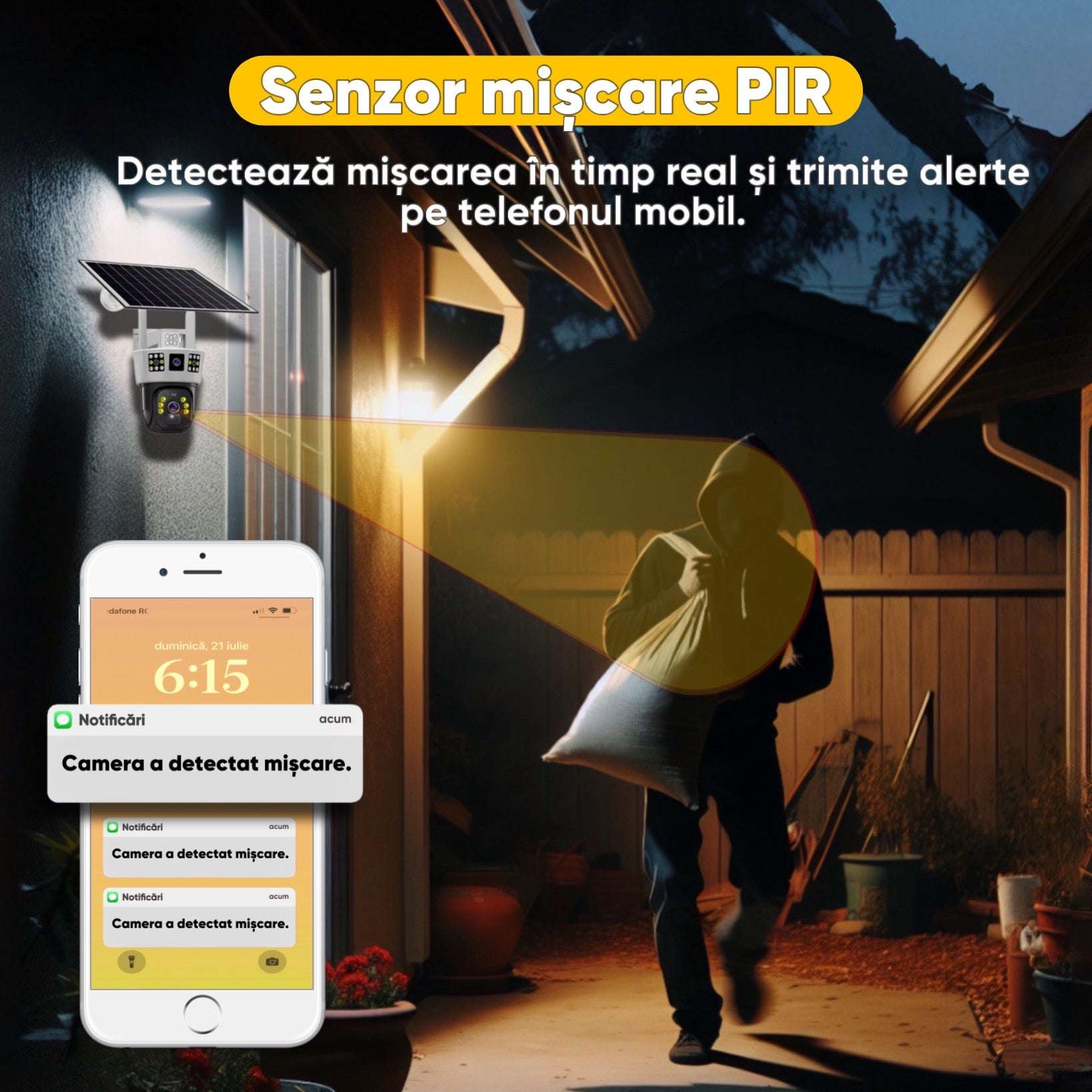 Camera de supraveghere Video CCTV cu vedere tripla, Panou solar 8000mAh, HexaEye