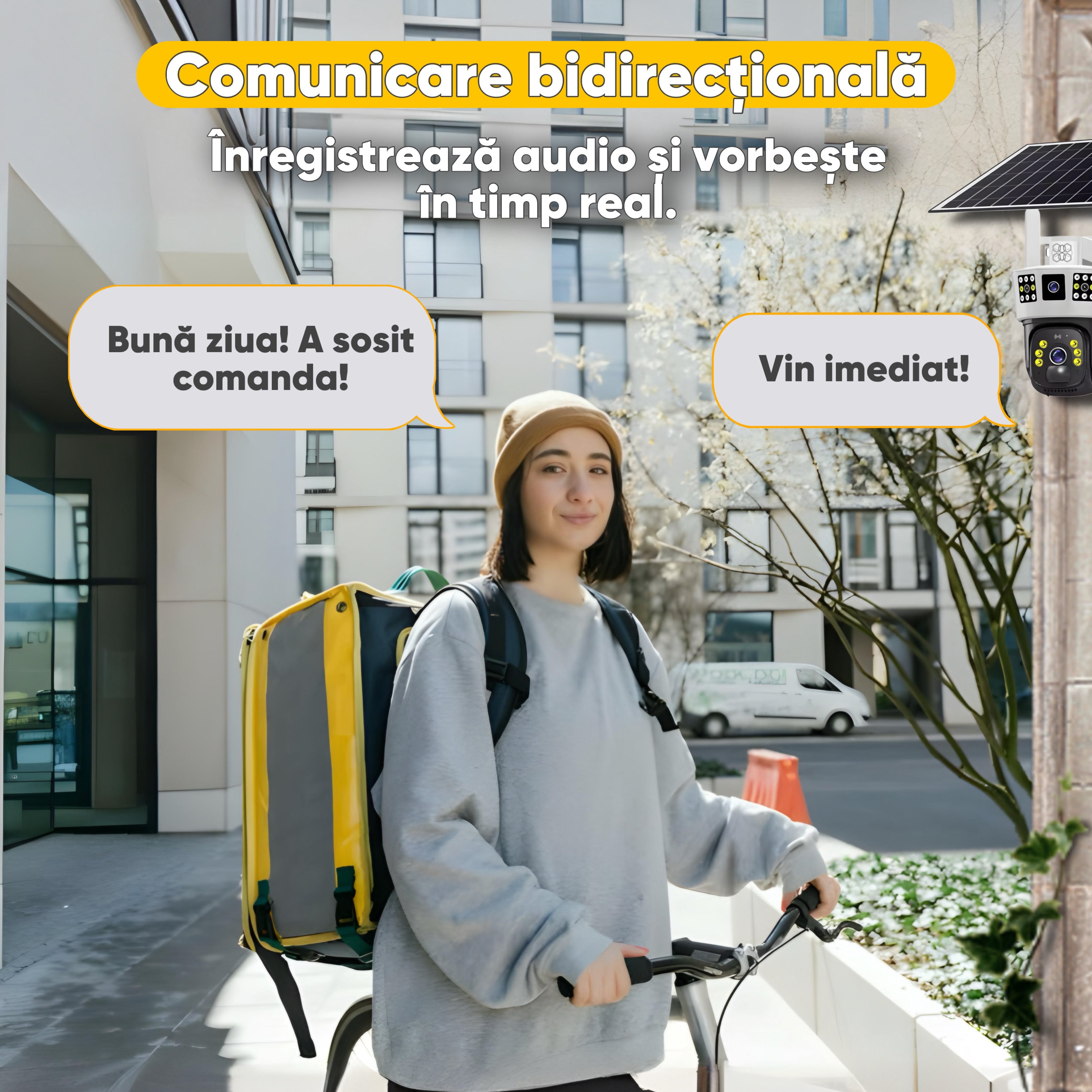 Camera de supraveghere Video CCTV cu vedere tripla, Panou solar 8000mAh, HexaEye