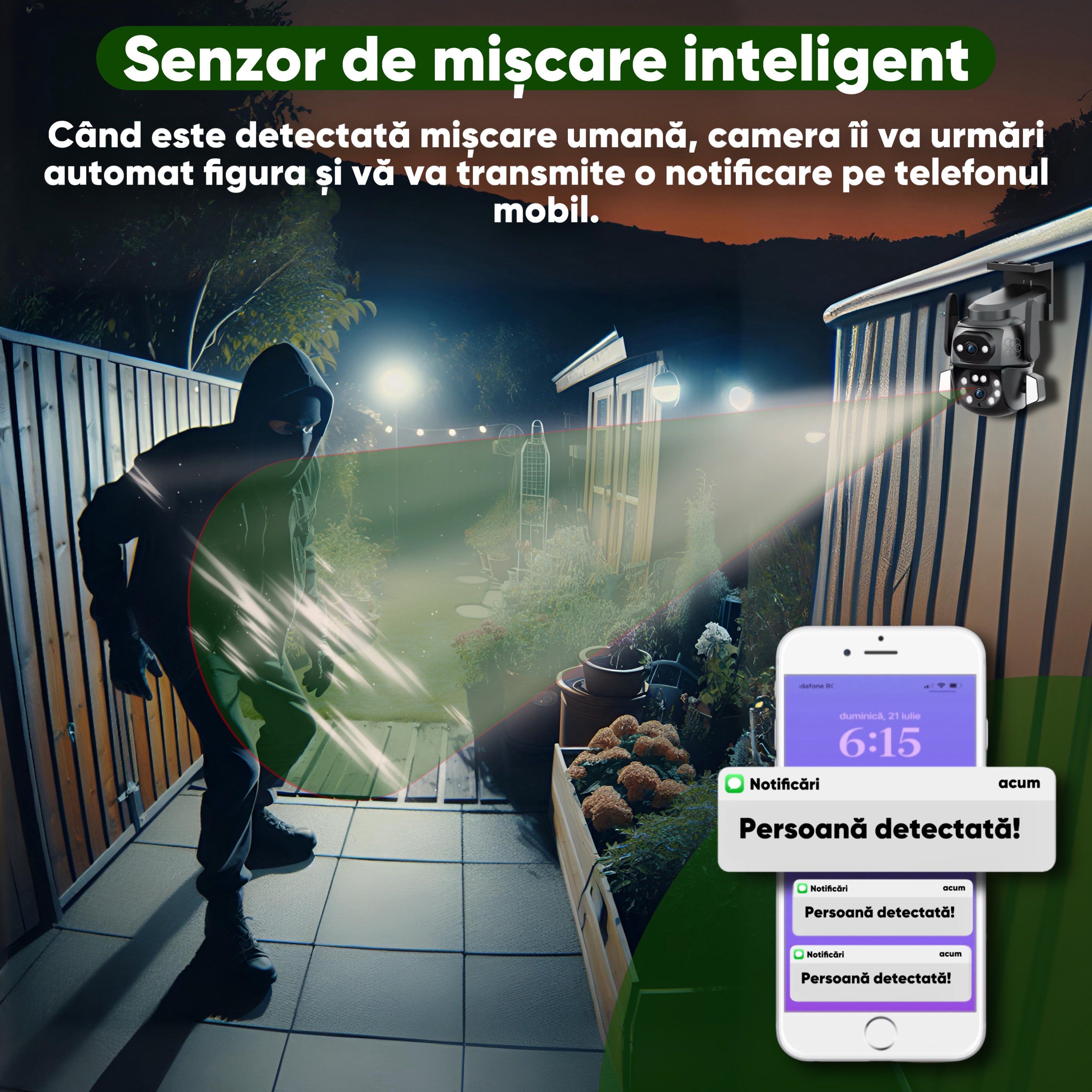 Camera de supraveghere PTZ cu 2 camere, Panou LED integrat, HexaEye