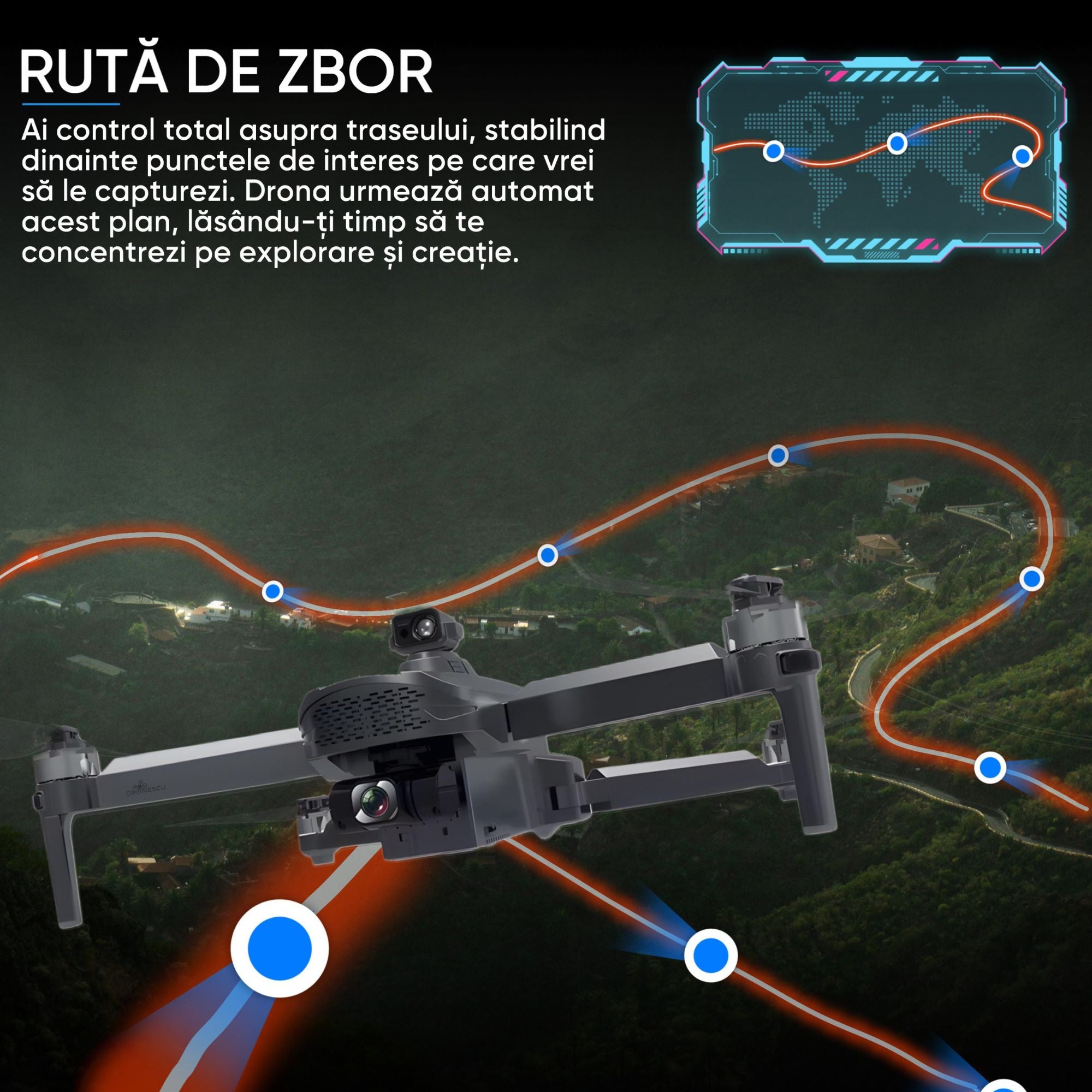 Drona profesionala pentru incepatori sau avansati, Dronescu, Model Sparks 011RTS, Tip vehicul UAV Aerian cu pilot independent, gimbal de stabilizare anti tremurat, Fotografiere 4K, Filmare Full HD, GPS de ultima generatie integrat