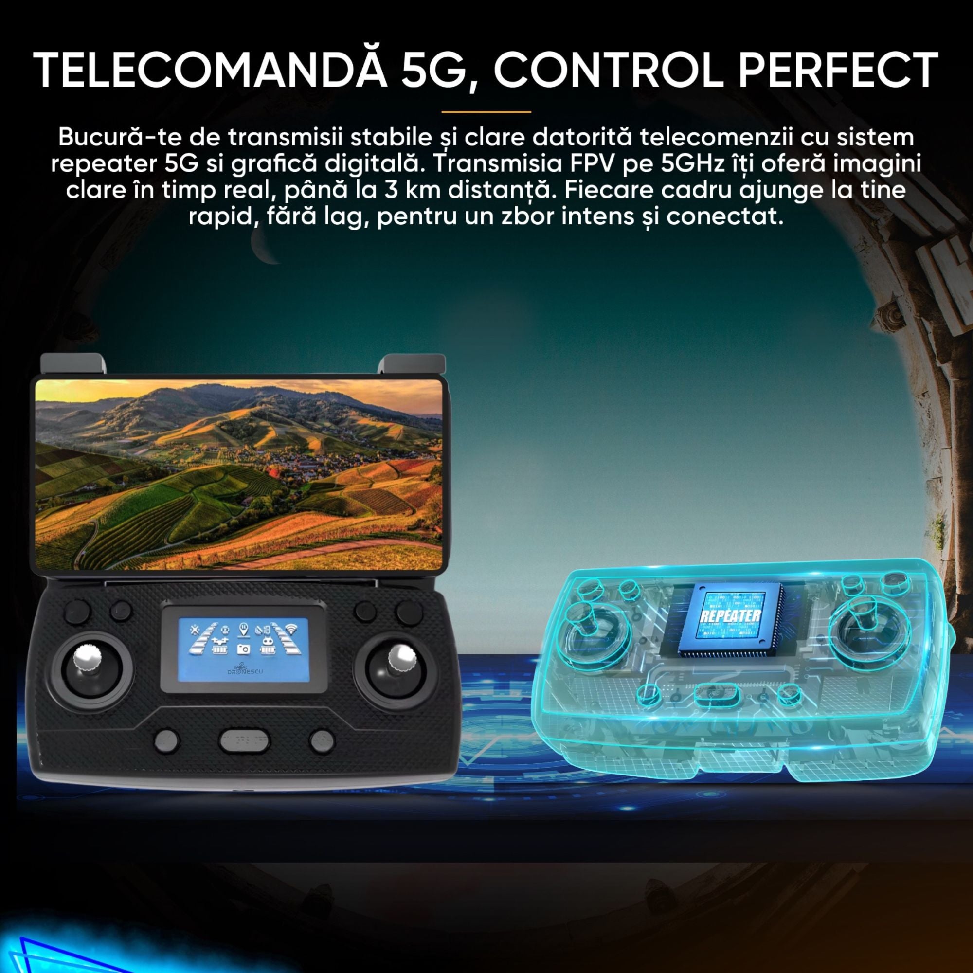 Drona profesionala pentru incepatori sau avansati, Dronescu, Model Sparks 011RTS, Tip vehicul UAV Aerian cu pilot independent, gimbal de stabilizare anti tremurat, Fotografiere 4K, Filmare Full HD, GPS de ultima generatie integrat