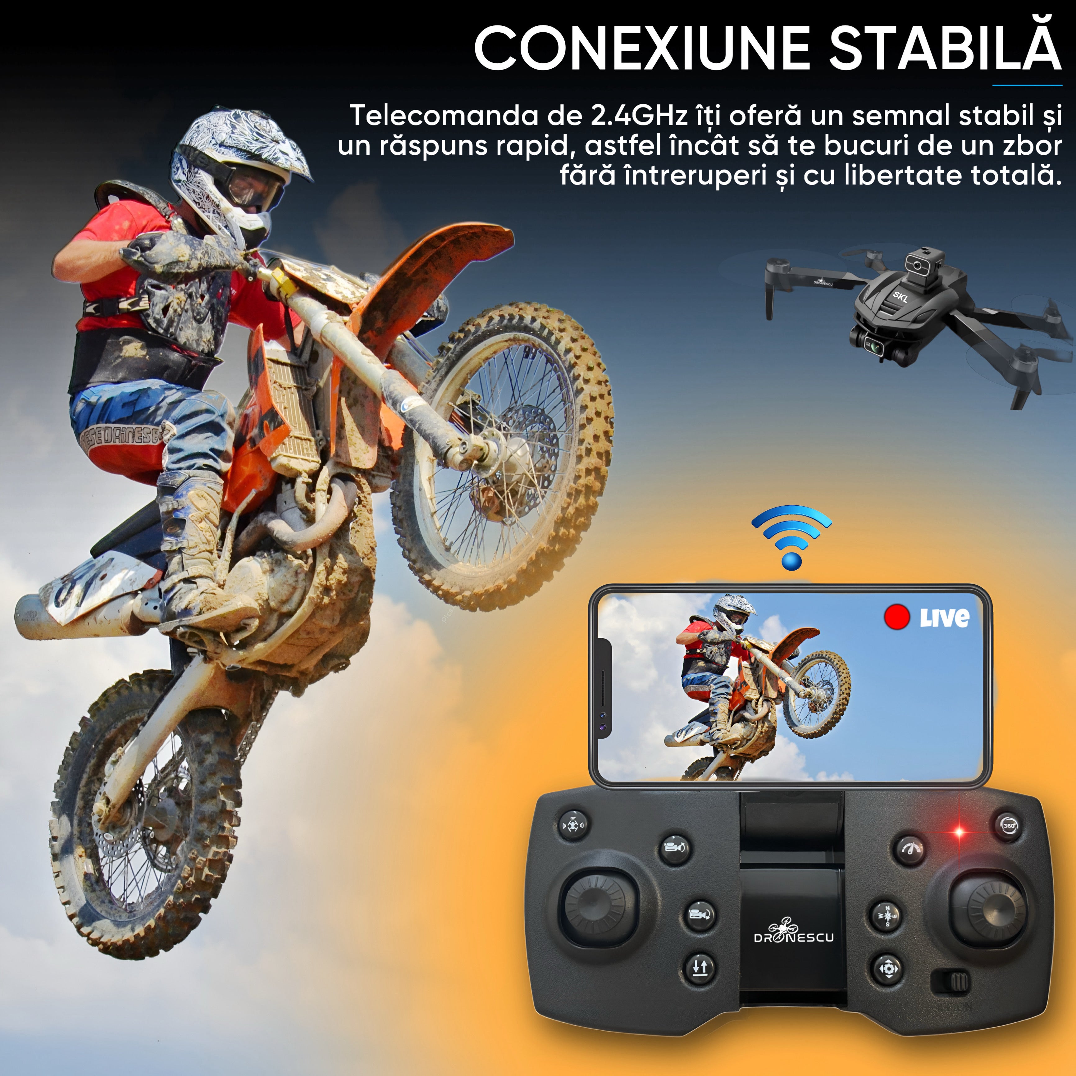 Drona Dronescu, SkyLite, HD Ultra Vision, pentru copii si adulti, senzor de evitare al obstacolelor