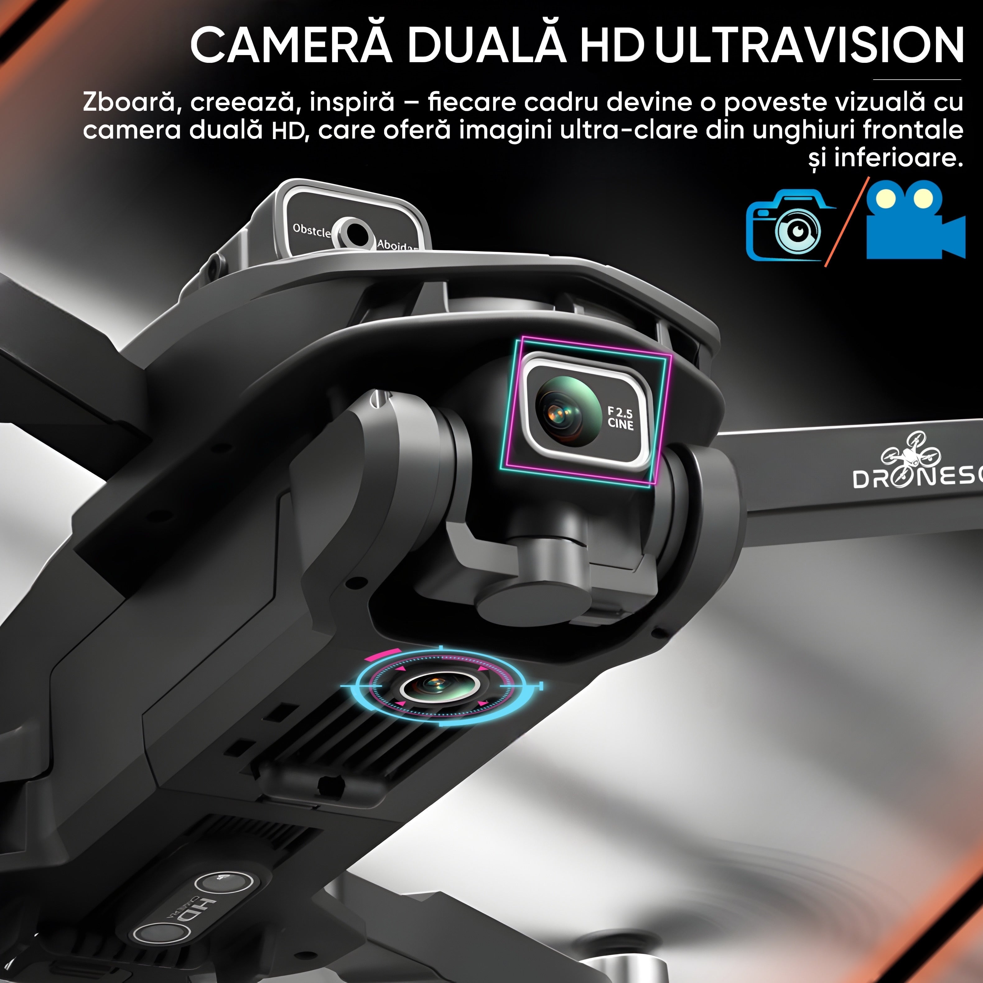 Drona Dronescu, SkyLite, HD Ultra Vision, pentru copii si adulti, senzor de evitare al obstacolelor