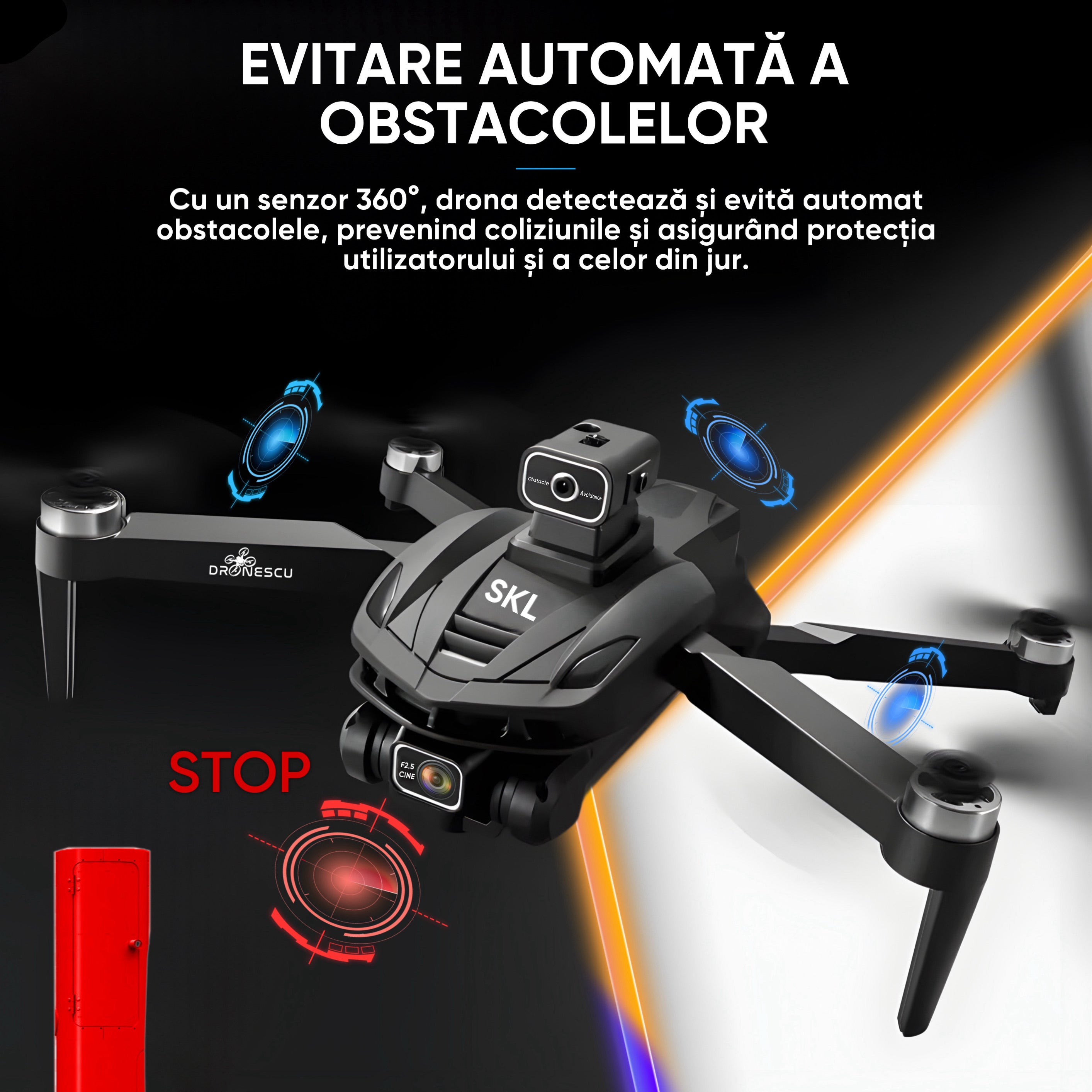 Drona Dronescu, SkyLite, HD Ultra Vision, pentru copii si adulti, senzor de evitare al obstacolelor