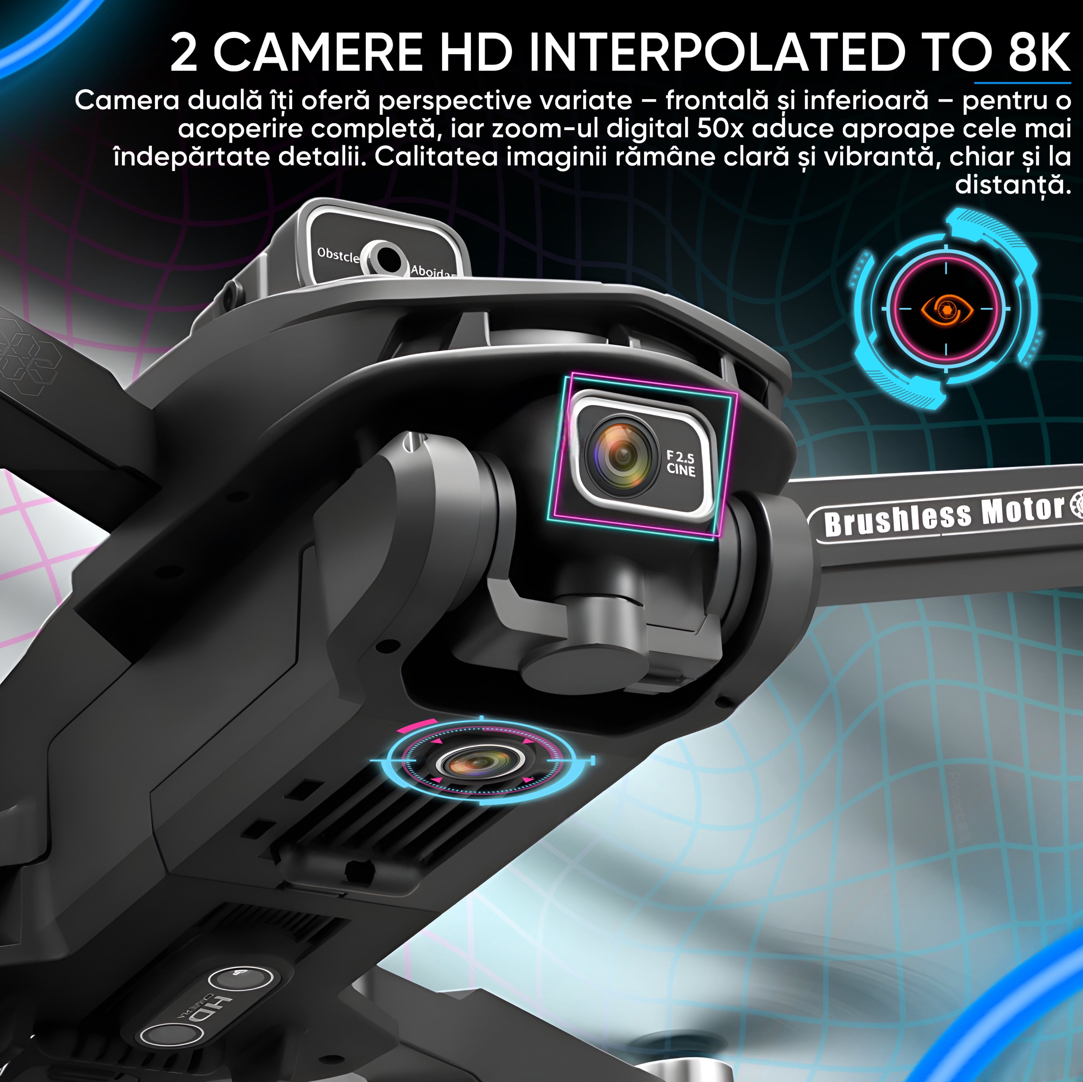 SkyBite MAX – Drona cu 2 camere HD 8K, ecran 4.5 inch, senzor 360, GPS, retur automat, motor brushless, 30min zbor, 3km raza, pliere compacta