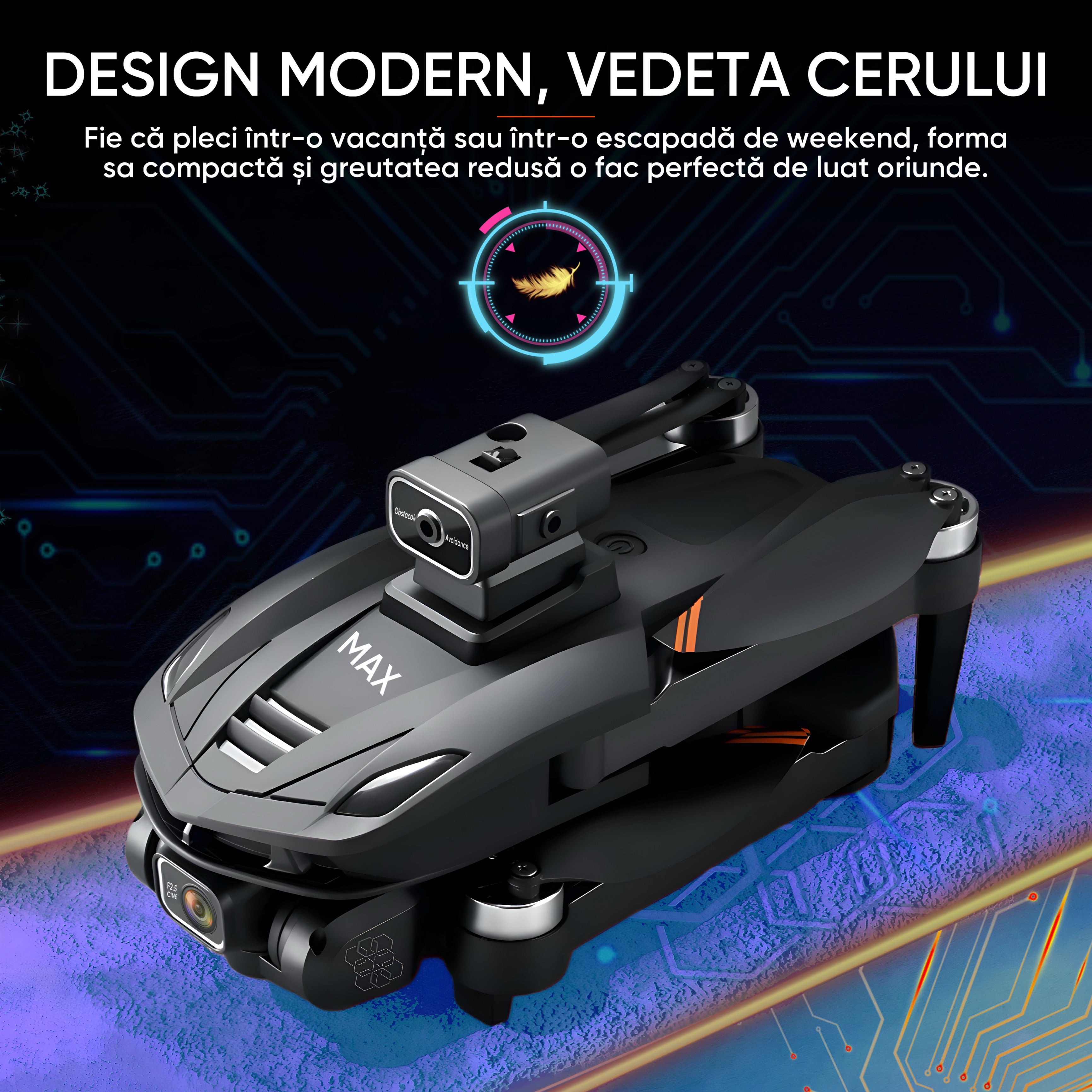 SkyBite MAX – Drona cu 2 camere HD 8K, ecran 4.5 inch, senzor 360, GPS, retur automat, motor brushless, 30min zbor, 3km raza, pliere compacta