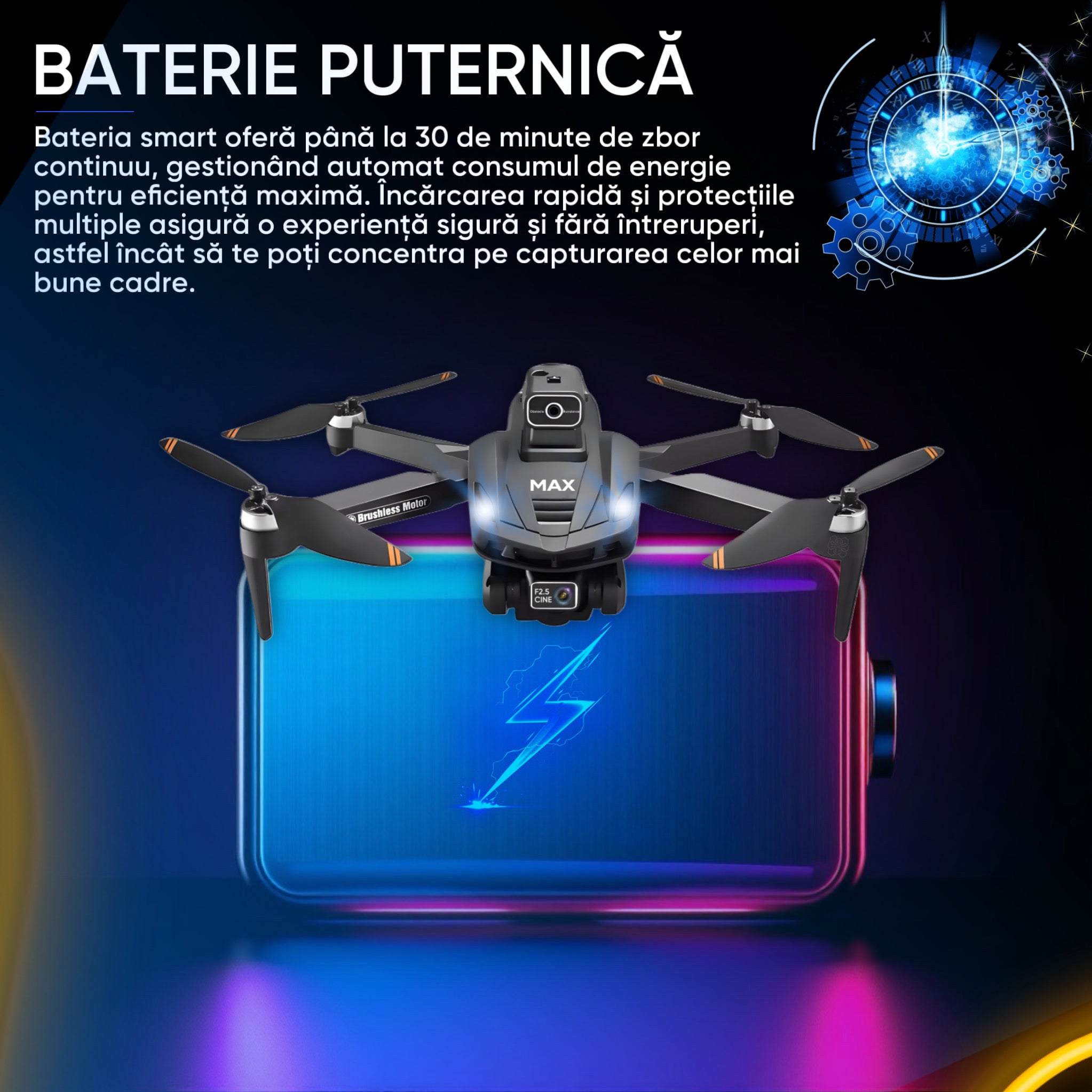 SkyBite MAX – Drona cu 2 camere HD 8K, ecran 4.5 inch, senzor 360, GPS, retur automat, motor brushless, 30min zbor, 3km raza, pliere compacta