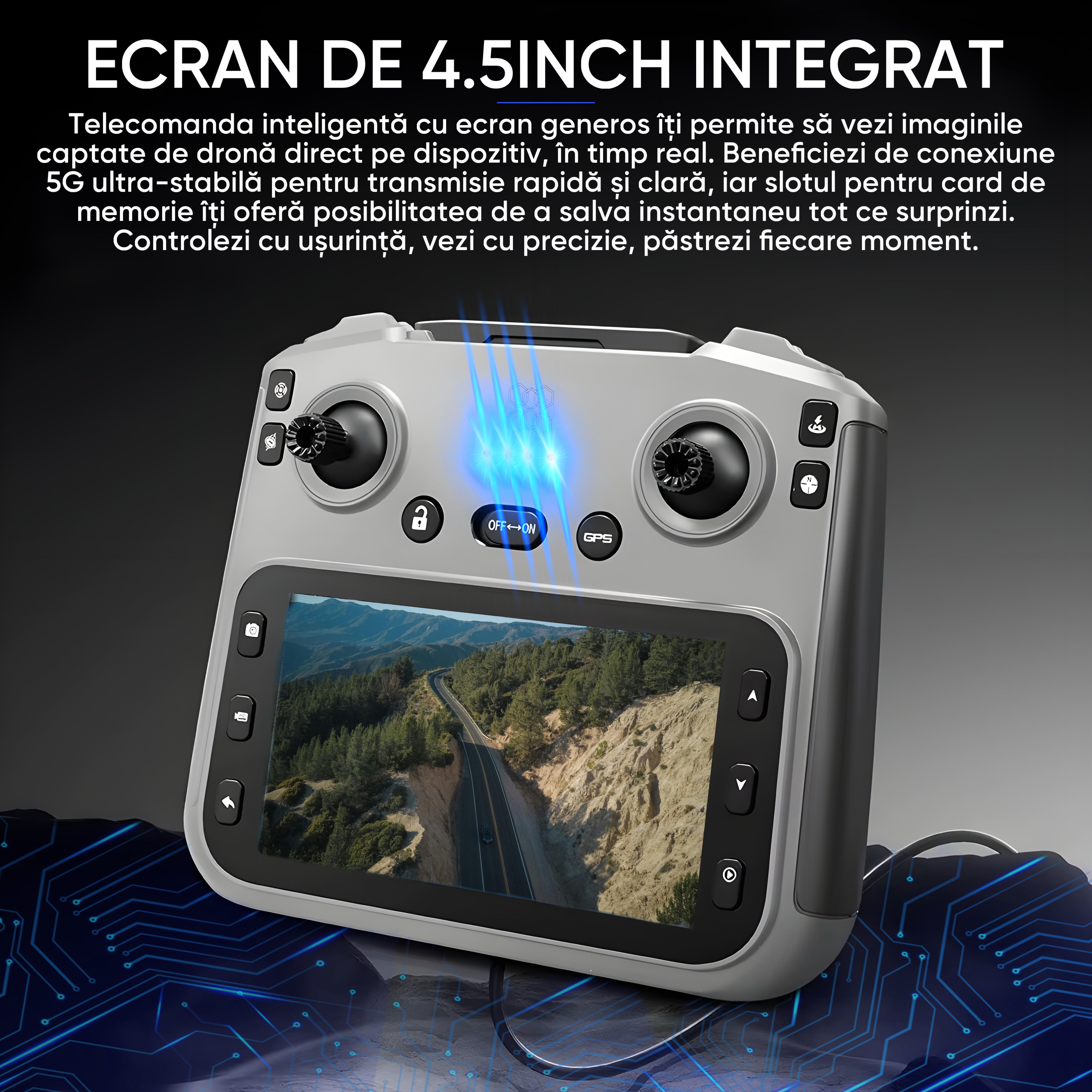 SkyBite MAX – Drona cu 2 camere HD 8K, ecran 4.5 inch, senzor 360, GPS, retur automat, motor brushless, 30min zbor, 3km raza, pliere compacta