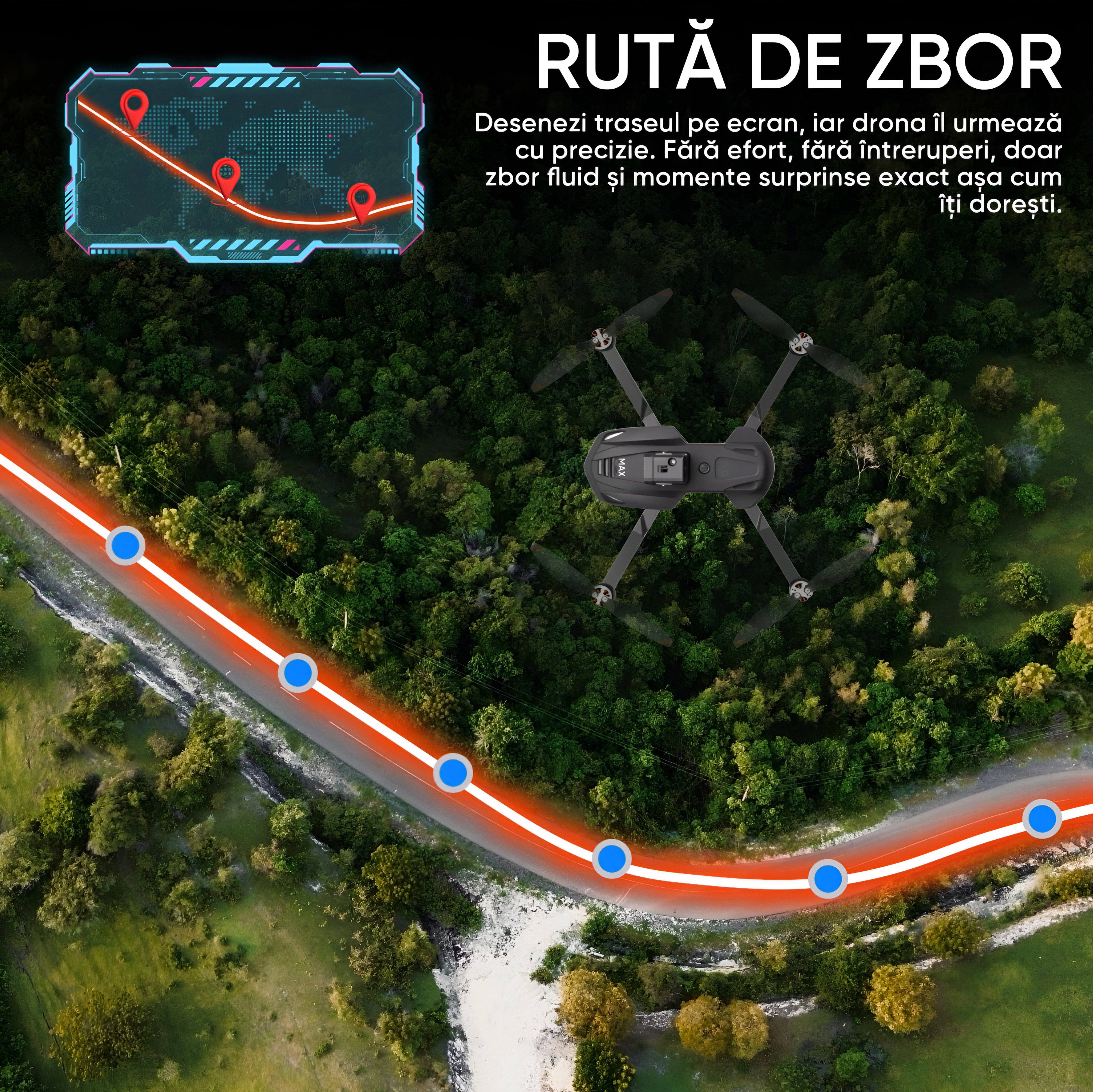 SkyBite MAX – Drona cu 2 camere HD 8K, ecran 4.5 inch, senzor 360, GPS, retur automat, motor brushless, 30min zbor, 3km raza, pliere compacta