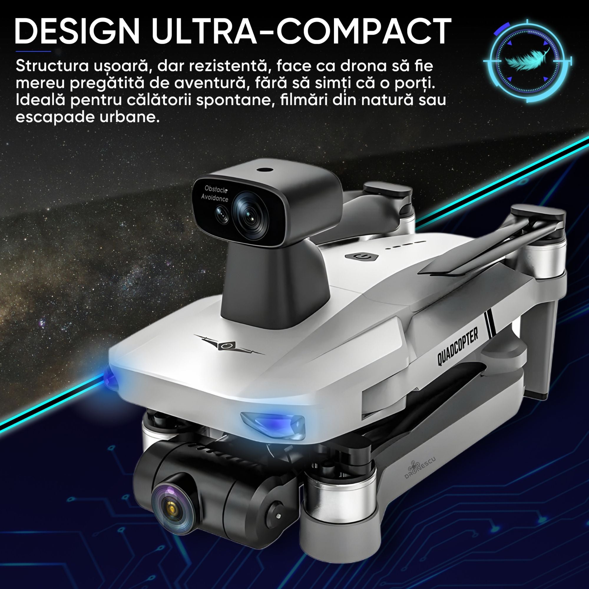 Dronescu Stratus X Drona GPS cu Camera 12MP Stabilizare 2 Axe, Senzori 360, Autonomie 25min, Control 5G, Raza 1200m, Return Automat