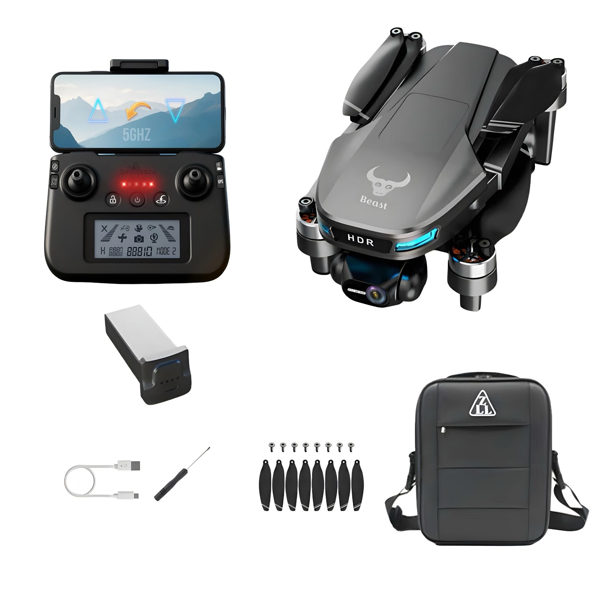 Dronescu Ripple GEN1 – Drona cu gimbal 3 axe, camera 4K, GPS dual, senzori 360, retur automat, 35min zbor, mod Headless, Find my drone