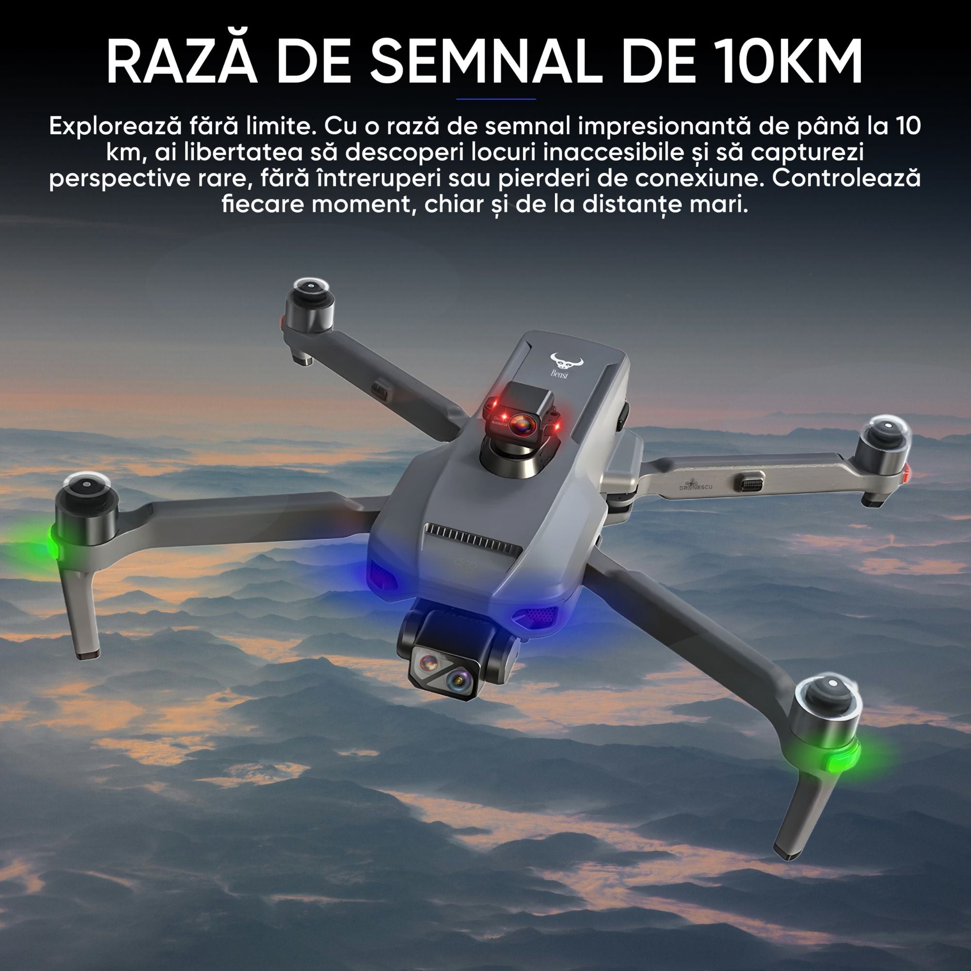 Dronescu Aerovex – Drona profesionala cu camera 360 pe gimbal 3 axe, 45min zbor, ecran 5.5 inch, GPS si raza 10km
