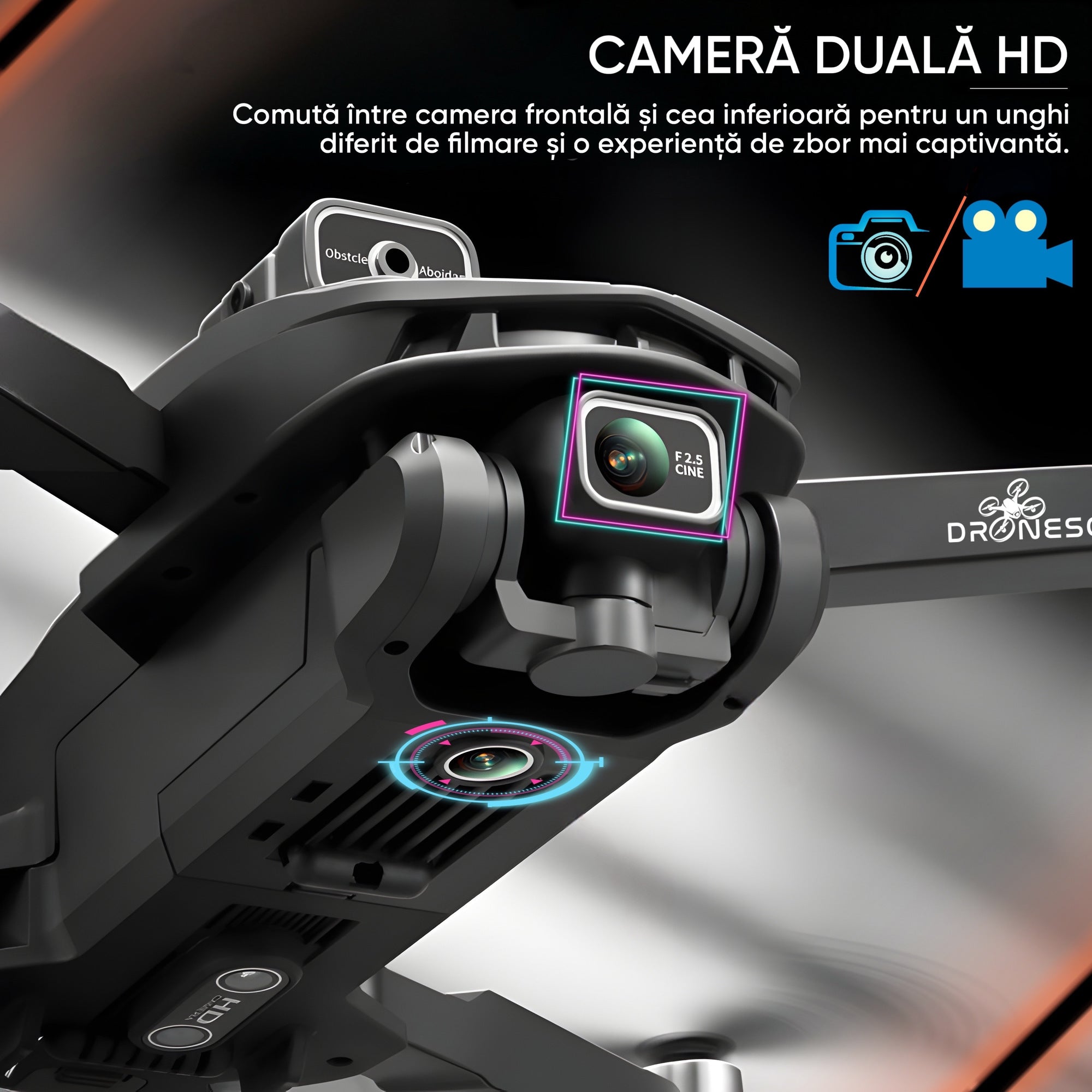 Drona Dronescu, SKYLITE, cu camera HD , pentru copii si adulti, senzor de evitare al obstacolelor