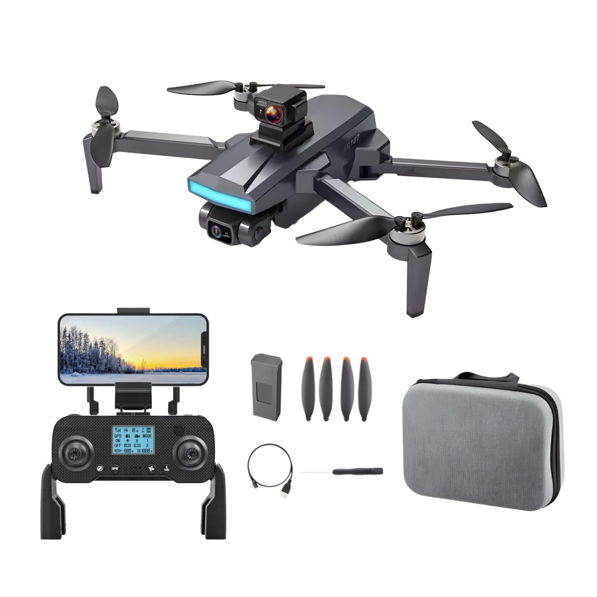 Dronescu AngelSword – Drona cu camera duala pe gimbal 3 axe, GPS, AI Follow Me, ecran telecomanda, senzori 360, 28min zbor