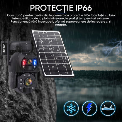Camera Supraveghere Solara 4G Duala 3MP + 3MP cu Zoom 50x, Detectie Umana AI, Vedere Nocturna 150m, Panou Solar 12000mAh, IP66, Audio Bidirectional, Fara WiFi