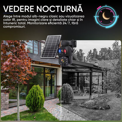 Camera Supraveghere Solara 4G Duala 3MP + 3MP cu Zoom 50x, Detectie Umana AI, Vedere Nocturna 150m, Panou Solar 12000mAh, IP66, Audio Bidirectional, Fara WiFi