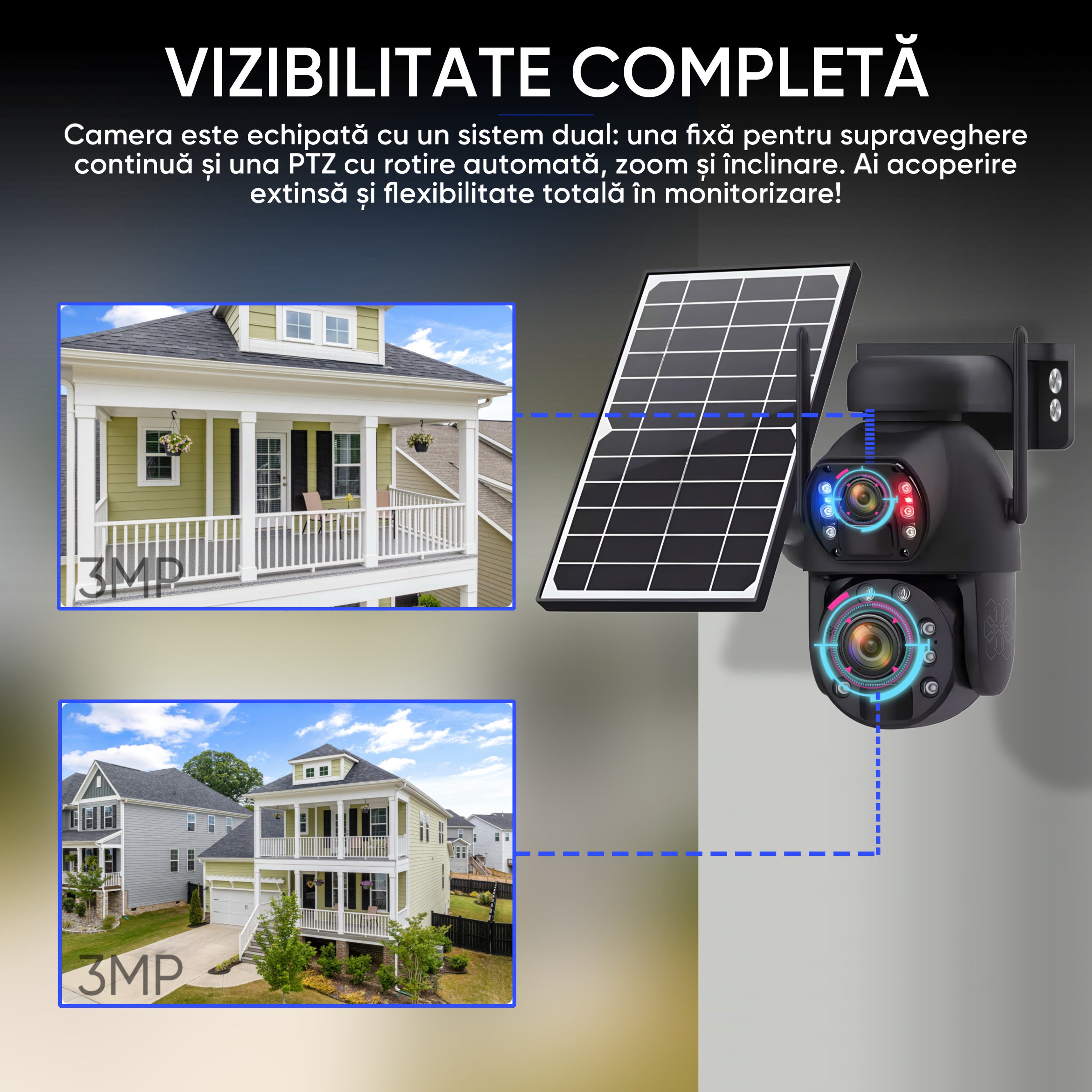 Camera Supraveghere Solara 4G Duala 3MP + 3MP cu Zoom 50x, Detectie Umana AI, Vedere Nocturna 150m, Panou Solar 12000mAh, IP66, Audio Bidirectional, Fara WiFi