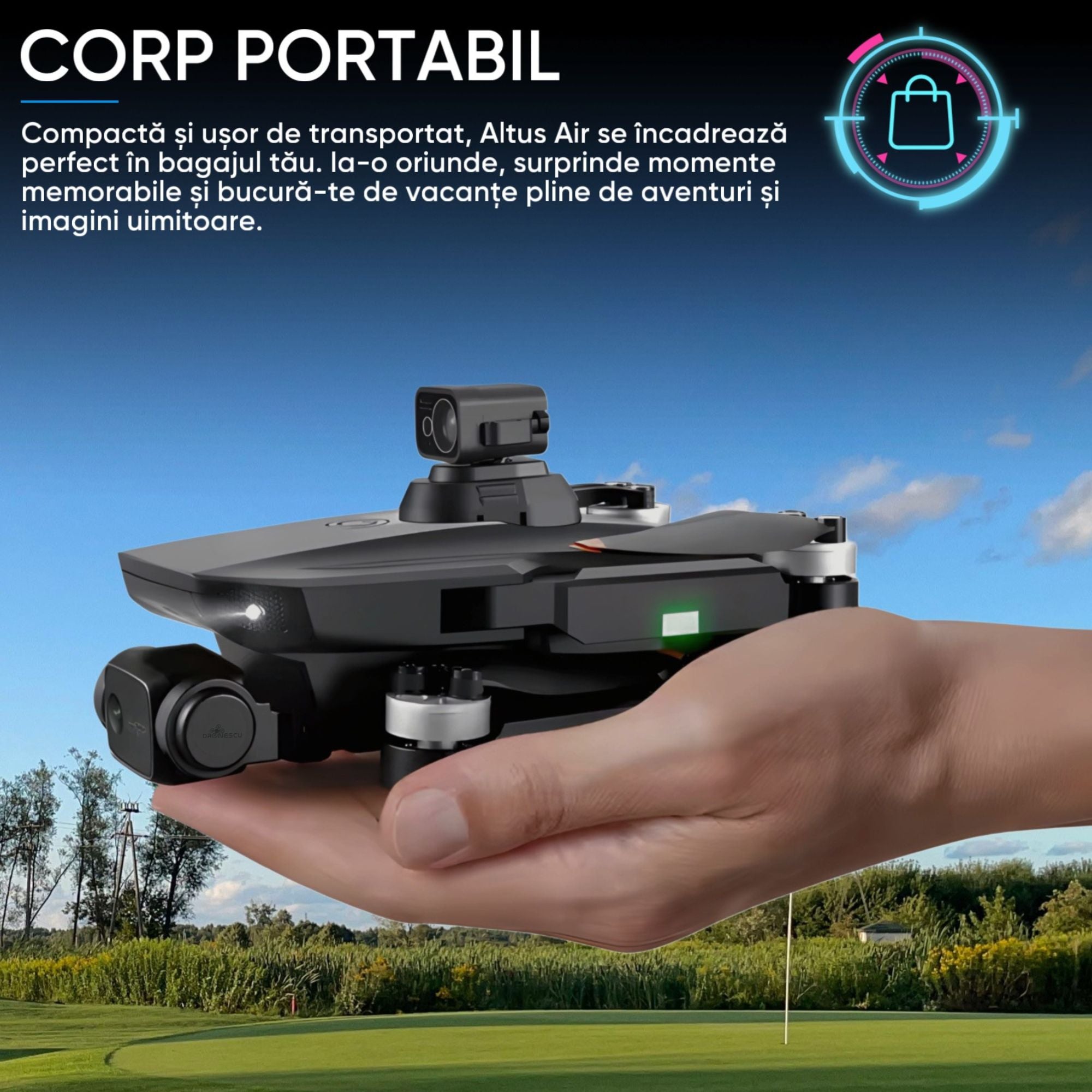 Drona Profesionala, Dronescu, AltusAir, GPS, 5G, Camera Duala 6k, Distanta maxima 3 KM, Evitare obstacole 360, Material premium rezistent la coliziuni, Return to home, Smart Follow, Negru