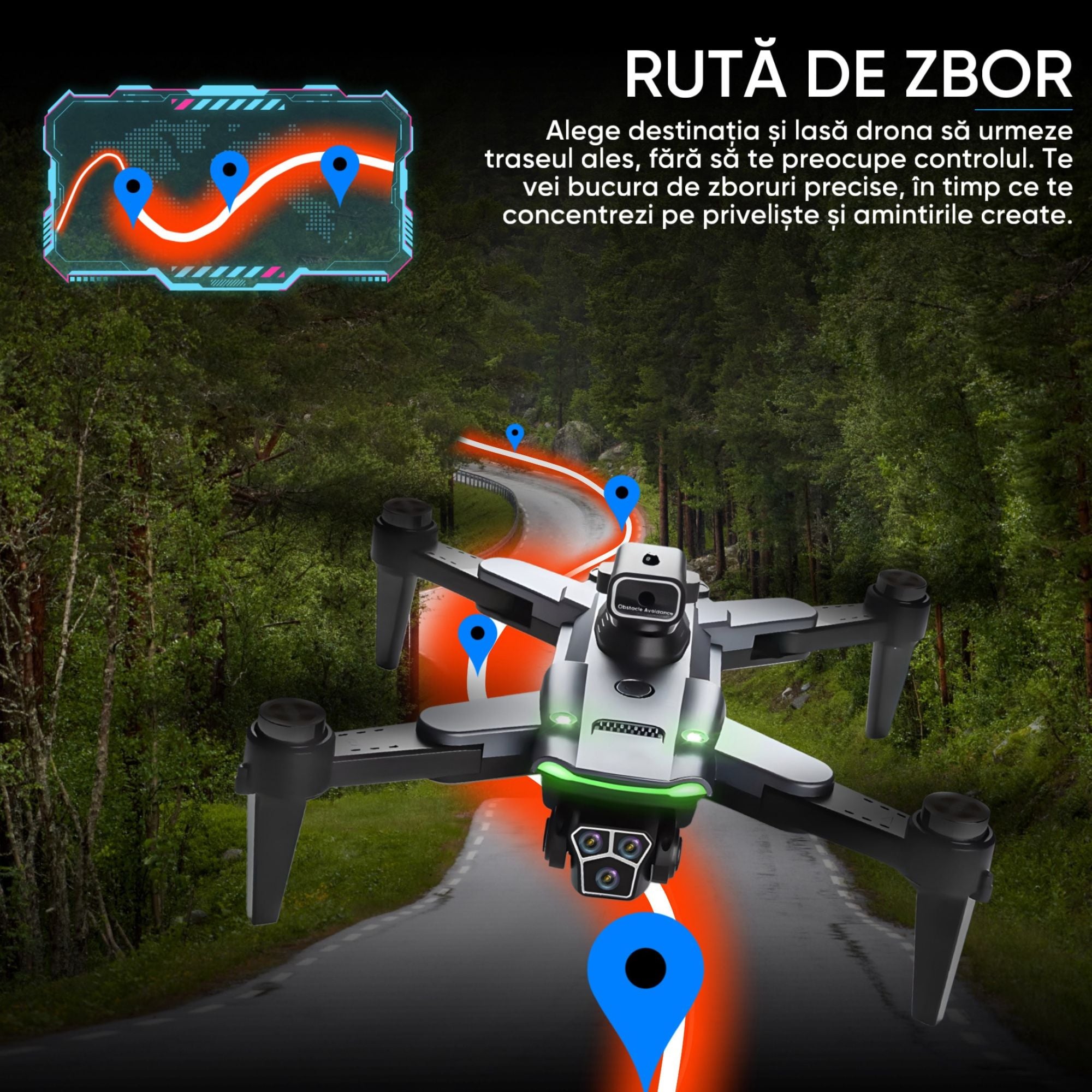 Drona QuadCopter inteligenta cu GPS, copii sau adulti, Dronescu, Model PixelPilot, Tip UAV cu senzor de evitare a obstacolelor, Fotografiere 8K, Filmare Full HD, Telecomanda Cu display integrat, usor de controlat si de fotografiat