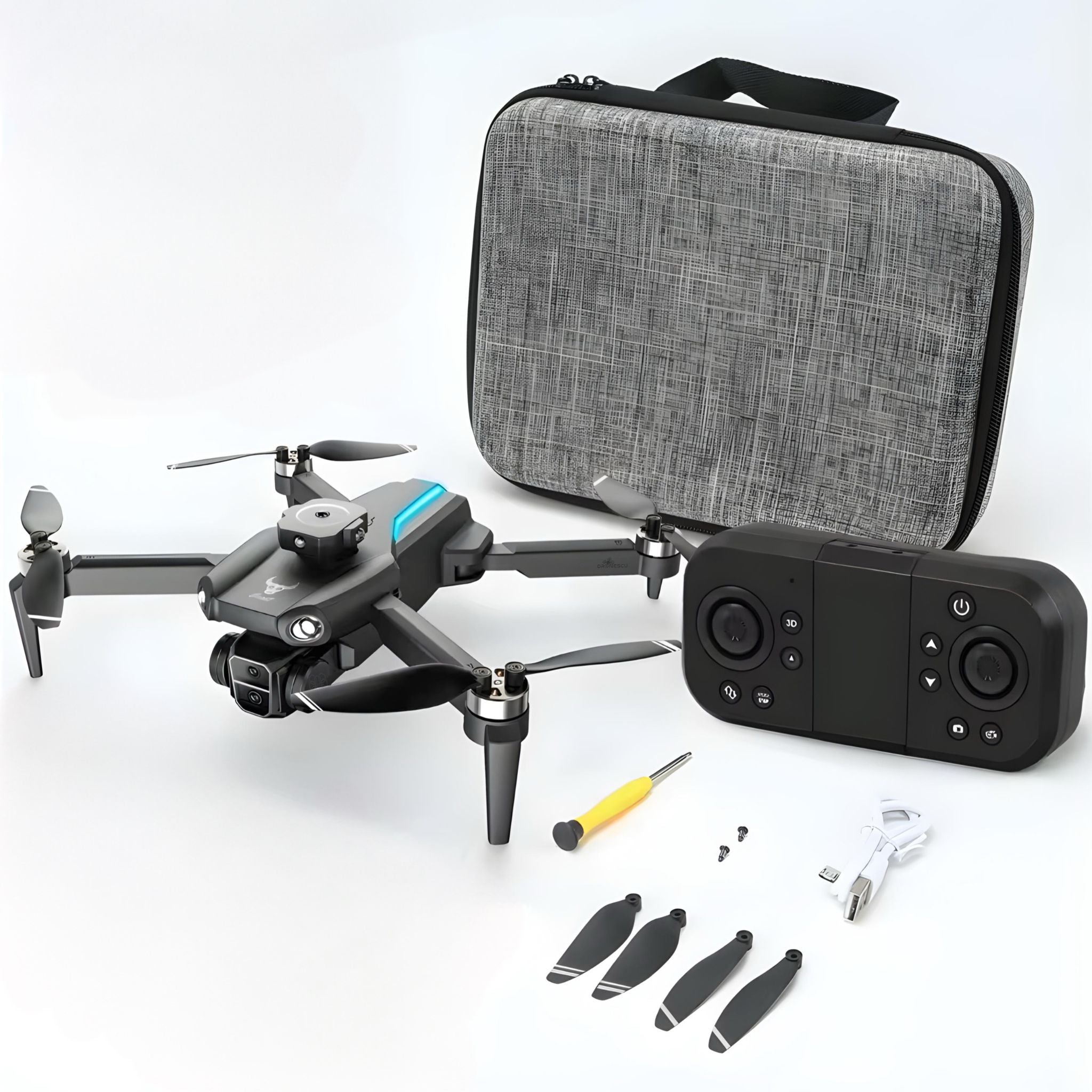 Drona cu camera dubla pentru incepatori, copii sau adulti, Dronescu, Model SkyviKING, Tip vehicul aerian QuadCopter cu 2 Camere Quad HD, Senzor de evitare a obstacolelor, Controlare usoara si rezistenta la vant, set complet geanta transport