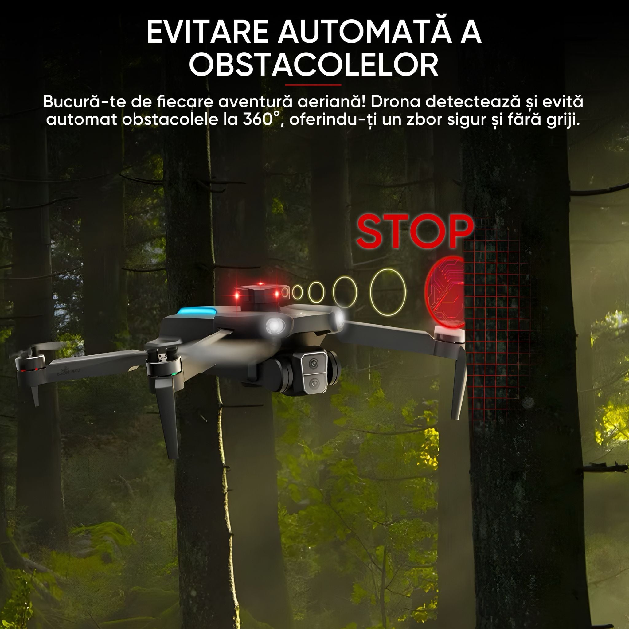 Drona cu camera dubla pentru incepatori, copii sau adulti, Dronescu, Model SkyviKING, Tip vehicul aerian QuadCopter cu 2 Camere Quad HD, Senzor de evitare a obstacolelor, Controlare usoara si rezistenta la vant, set complet geanta transport