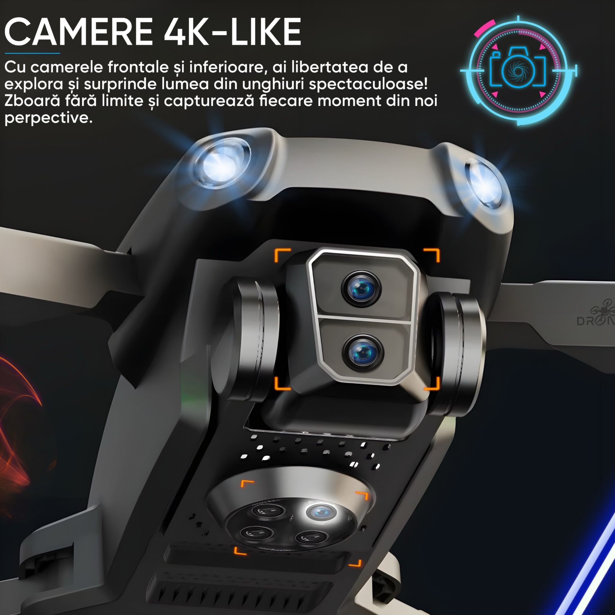 Drona cu camera dubla pentru incepatori, copii sau adulti, Dronescu, Model SkyviKING, Tip vehicul aerian QuadCopter cu 2 Camere Quad HD, Senzor de evitare a obstacolelor, Controlare usoara si rezistenta la vant, set complet geanta transport