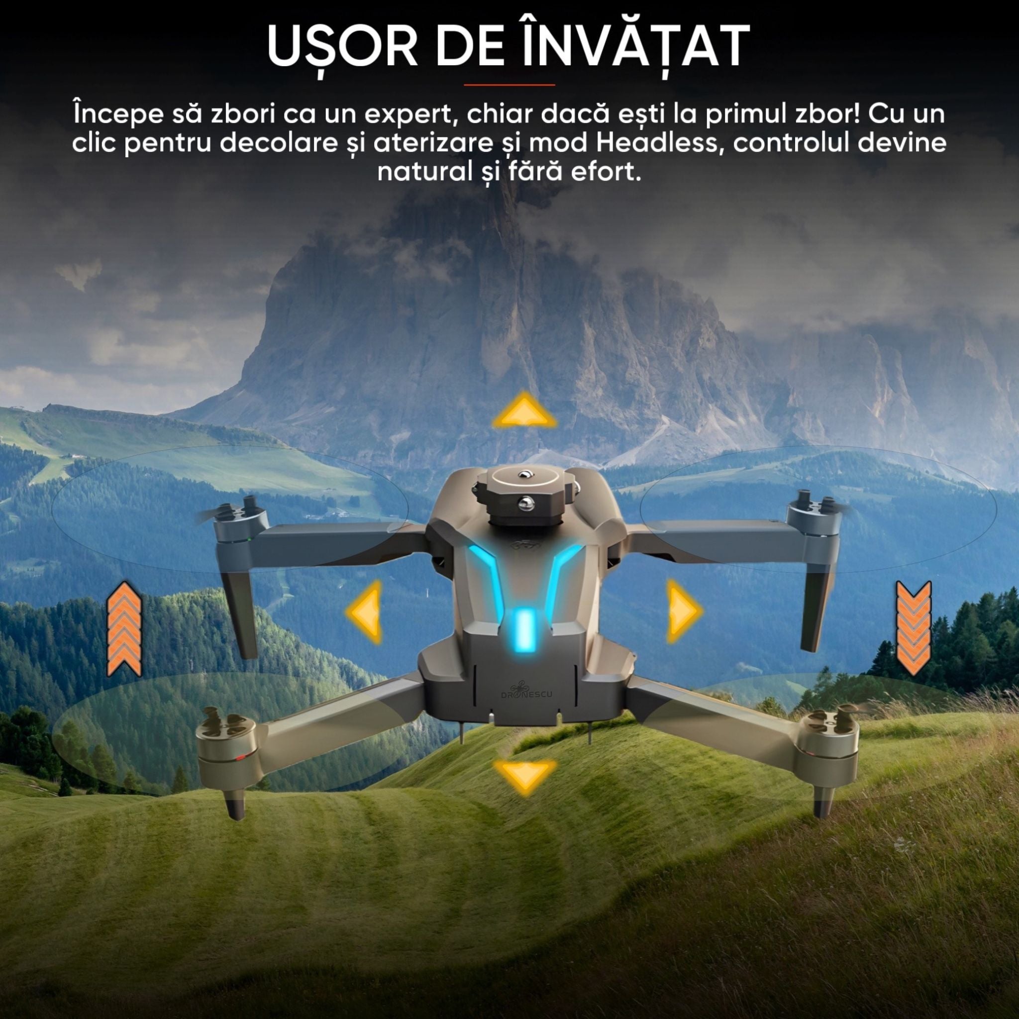 Drona cu camera dubla pentru incepatori, copii sau adulti, Dronescu, Model SkyviKING, Tip vehicul aerian QuadCopter cu 2 Camere Quad HD, Senzor de evitare a obstacolelor, Controlare usoara si rezistenta la vant, set complet geanta transport