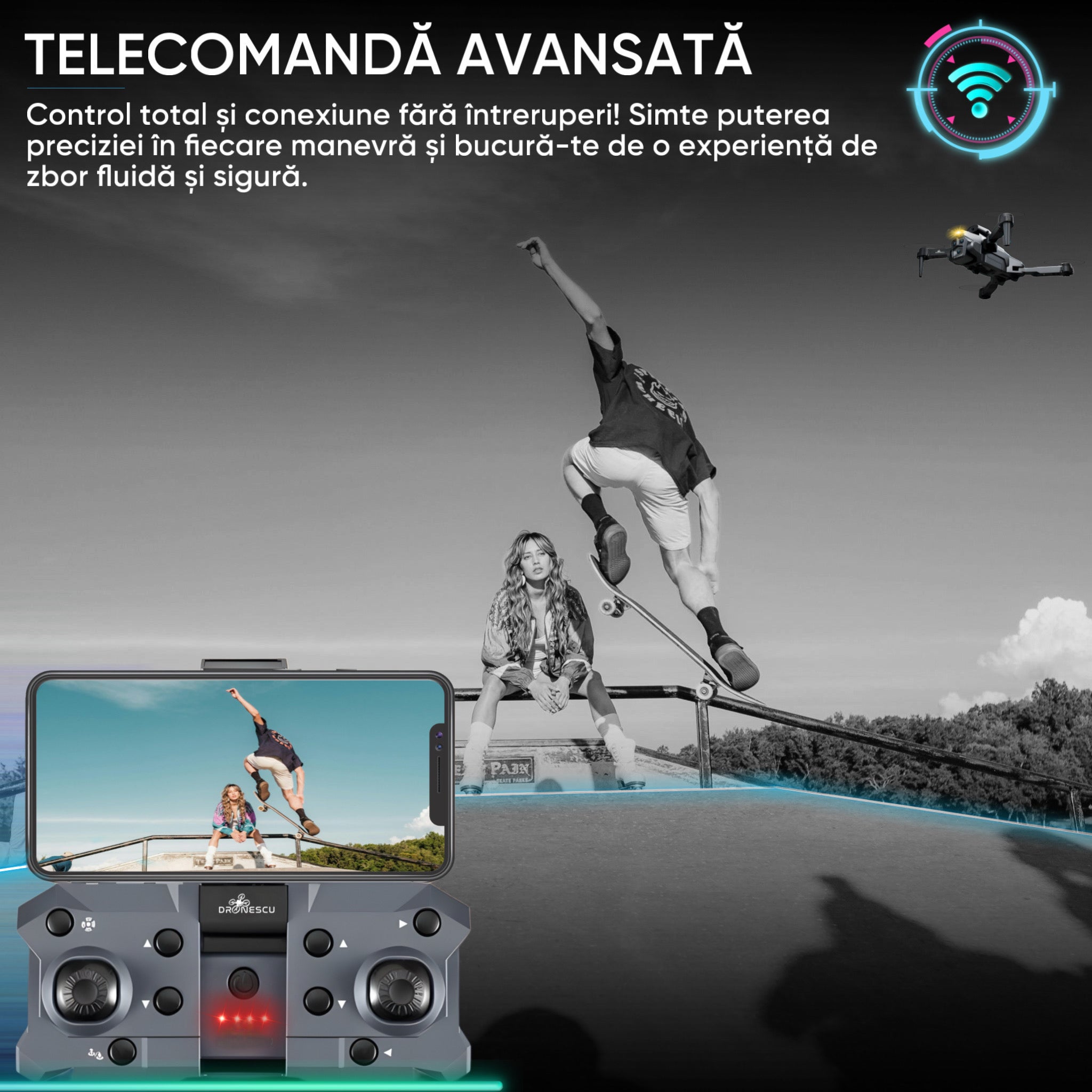 Drona inteligenta, Dronescu IFAero, Cu 2 camere, Evitare obstacole 360°