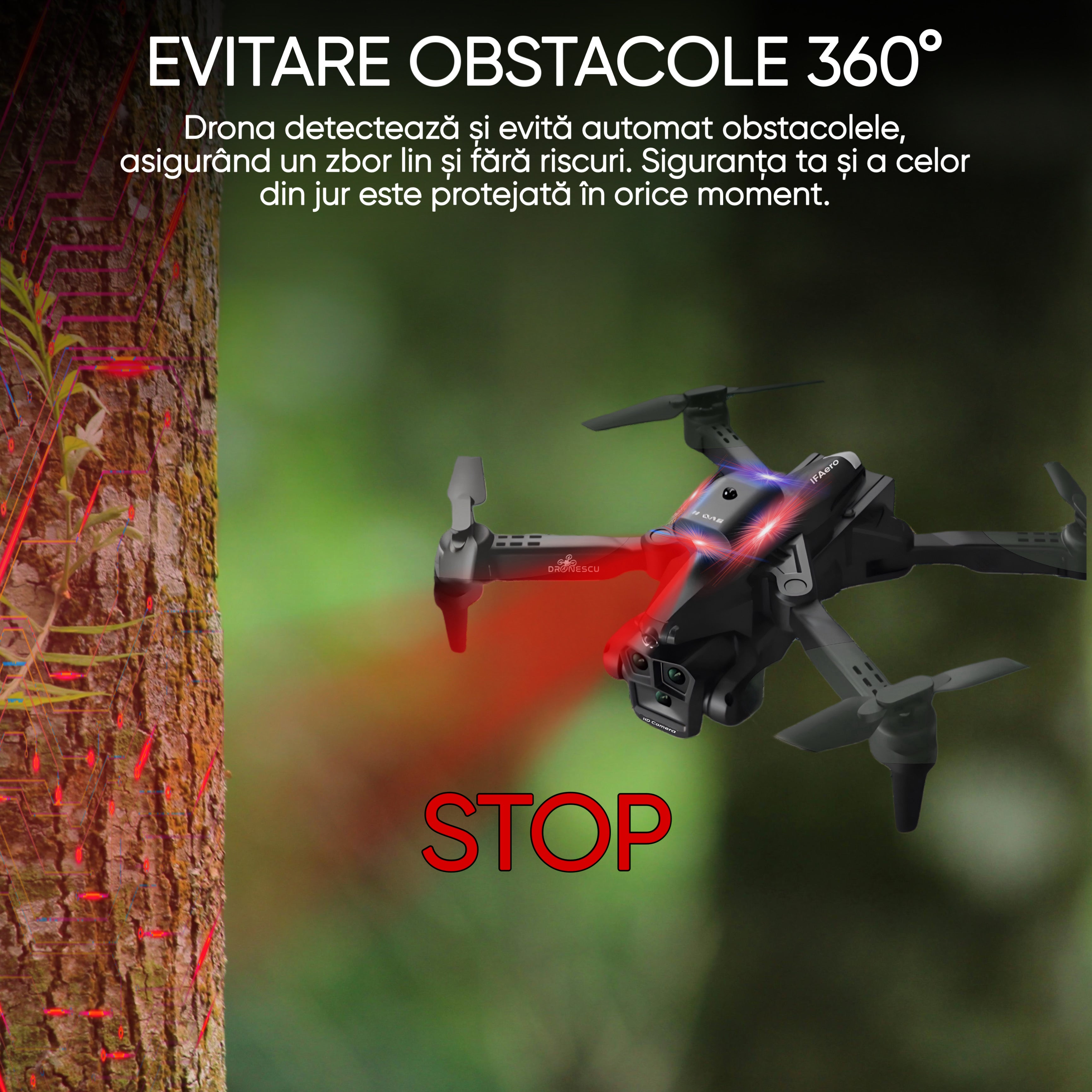 Drona inteligenta, Dronescu IFAero, Cu 3 camere, Evitare obstacole 360°